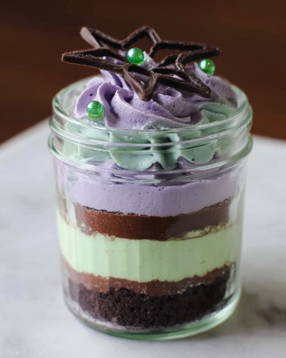 This image shows a clear glass jar with six visible layers of dessert. At the bottom, there is a dark brown crumbly layer, followed by a thick layer of light purple cream. Above that is a thin dark brown layer, then a smooth, light green layer. On top of the green layer is another thin dark brown layer. The jar is finished with a fluffy light purple cream layer shaped in swirls, decorated with a dark, lacy chocolate piece and a few small shiny green beads. The background is a white marbled surface. Photo taken with an iphone --ar 4:5 --v 7