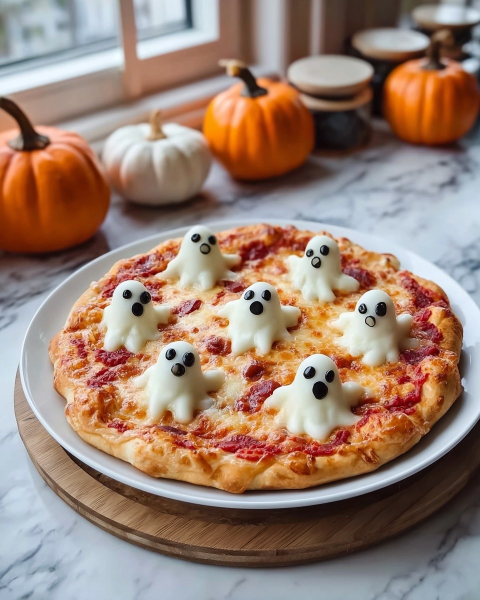 A pizza with a golden-brown crust is shown with one slice being lifted by a woman's hand, pulling long strings of melted white cheese. The pizza has a base layer of red tomato sauce covered with a smooth layer of melted cheese. On top, there are four white ghost-shaped cheese pieces, each with two small black eyes. The background shows a warm fire inside a dark oven, and the pizza is on a white marbled surface. photo taken with an iphone --ar 4:5 --v 7