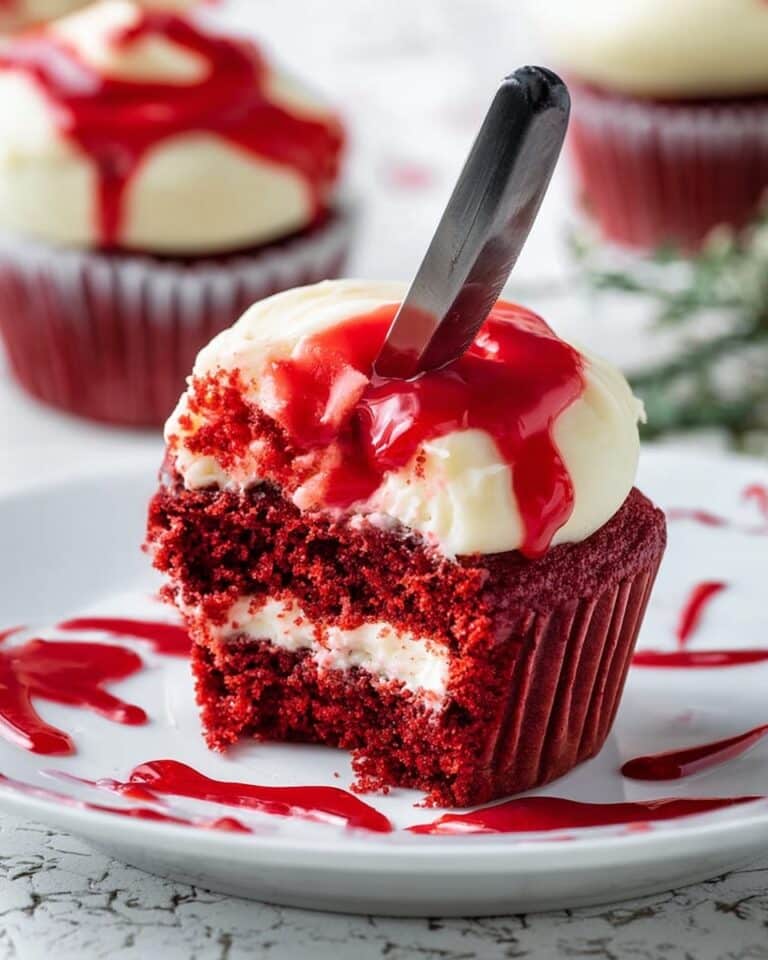 Halloween Red Velvet Cupcakes with Blood-Drizzle Cream Cheese Frosting Recipe