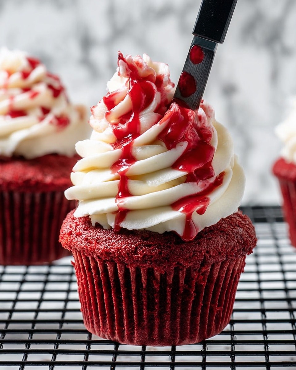 A red velvet cupcake with three thick swirls of white cream cheese frosting stacked on top, each swirl smooth and creamy, positioned at the center. Bright red syrup drips down the frosting and onto the deep red cupcake base, creating a vivid contrast. A small black knife is placed stuck into the frosting at an angle, with its blade covered in some syrup. The cupcake sits on a black wire cooling rack, and the background is a white marbled texture. Photo taken with an iphone --ar 4:5 --v 7