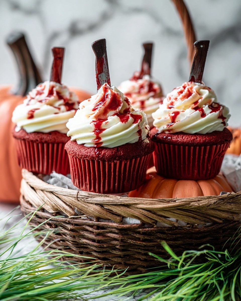 The image shows four red cupcakes in a woven basket with a pumpkin base, placed on a white marbled surface. Each cupcake has a thick swirl of white frosting on top, covered with red syrup that looks like dripping blood. Small plastic knives are stuck into the frosting of each cupcake, adding a spooky effect. The cupcakes are evenly spaced, and some green artificial grass is placed in the foreground around the basket. The background is softly blurred, focusing attention on the detailed cupcakes and basket. Photo taken with an iphone --ar 4:5 --v 7