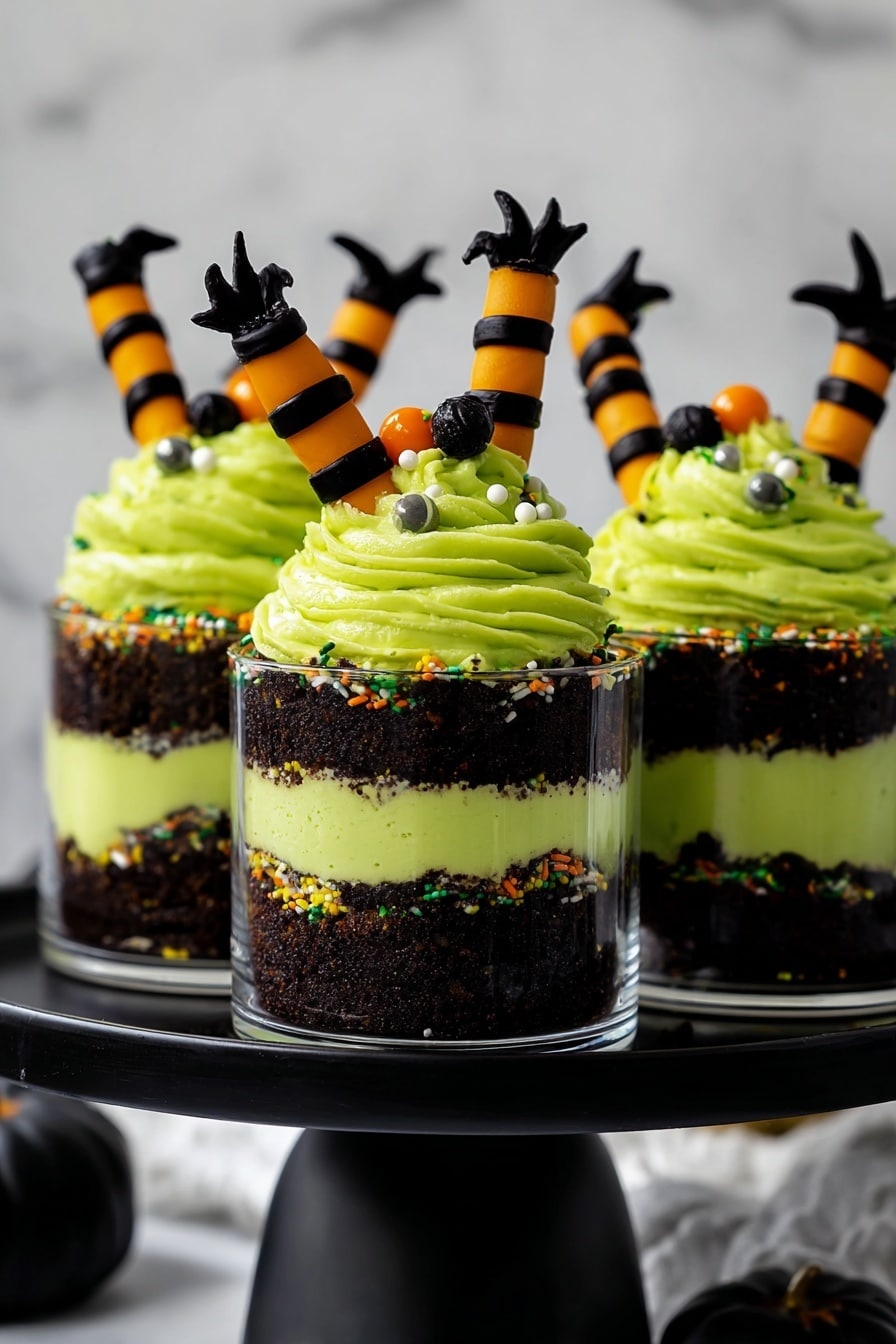 Witches Brew Halloween Cake Jars, Halloween cake jars, spooky Halloween dessert, DIY Halloween treat, festive Halloween cake presentation - The image shows three clear small cups with a layered dessert on a black cake stand over a white marbled texture. Each cup has four layers: the bottom layer is dark brown and crumbly, followed by a thin bright green creamy layer with small colorful sprinkles, then another thick dark brown crumbly layer, and topped with a thick swirled bright green cream. On top of each cup, two black and orange striped witch leg decorations stick out, pointing upward. The dessert is decorated with small decorative balls and sprinkles on the green cream. Photo taken with an iphone --ar 2:3 --v 7