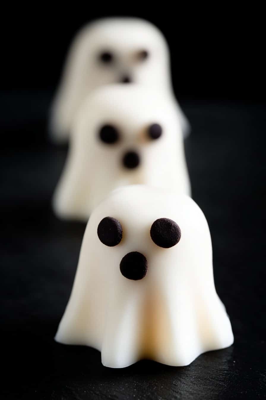 Marshmallow Ghosts Halloween Treats Easy Halloween Treats Ghostly Marshmallow Snacks Spooky Halloween Party Snacks - The image shows a row of three small ghost-shaped treats made from smooth white icing or fondant, each with two round black eyes and a round black nose-like decoration. The treats have a sheet-like shape that flows slightly at the bottom corners to mimic a ghost. The focus is on the closest ghost, with the other two blurred in the background, all placed on a black surface that contrasts with their white color. photo taken with an iphone --ar 2:3 --v 7
