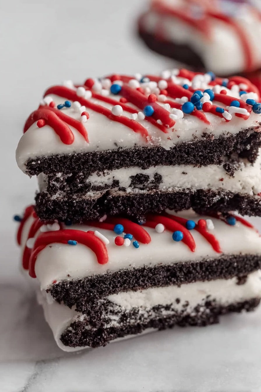 White Chocolate Dipped 4th of July Oreos, patriotic Oreo desserts, easy summer cookie recipes, red and blue Oreo treats, festive patriotic desserts - The image shows a close-up of two sandwich cookie halves stacked on top of a whole cookie. Each cookie has two dark chocolate layers with a light cream layer in the middle. The cookies are covered in smooth white coating with red icing dripping down the sides and small red, white, and blue sprinkles scattered on top and around the cookies. The cookies rest on a white marbled surface with a soft-focus background showing more decorated cookies. Photo taken with an iphone --ar 2:3 --v 7