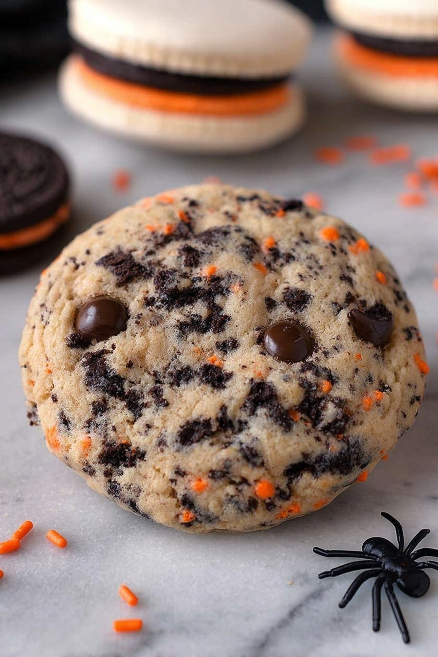 Halloween Oreo Stuffed Chocolate Chip Cookies, Halloween cookie recipes, Oreo stuffed cookies, festive Halloween desserts, easy Halloween treats - A close-up image shows a dessert with three black and orange sandwich cookies stacked vertically on a brown surface. On top of this stack sits a half-sphere of cookie dough with black and orange cookie pieces embedded inside. The dough is light beige with visible chocolate chips mixed in. Small black and orange round sprinkles are scattered nearby. The background is blurred but shows more similar cookie dough balls. photo taken with an iphone --ar 2:3 --v 7