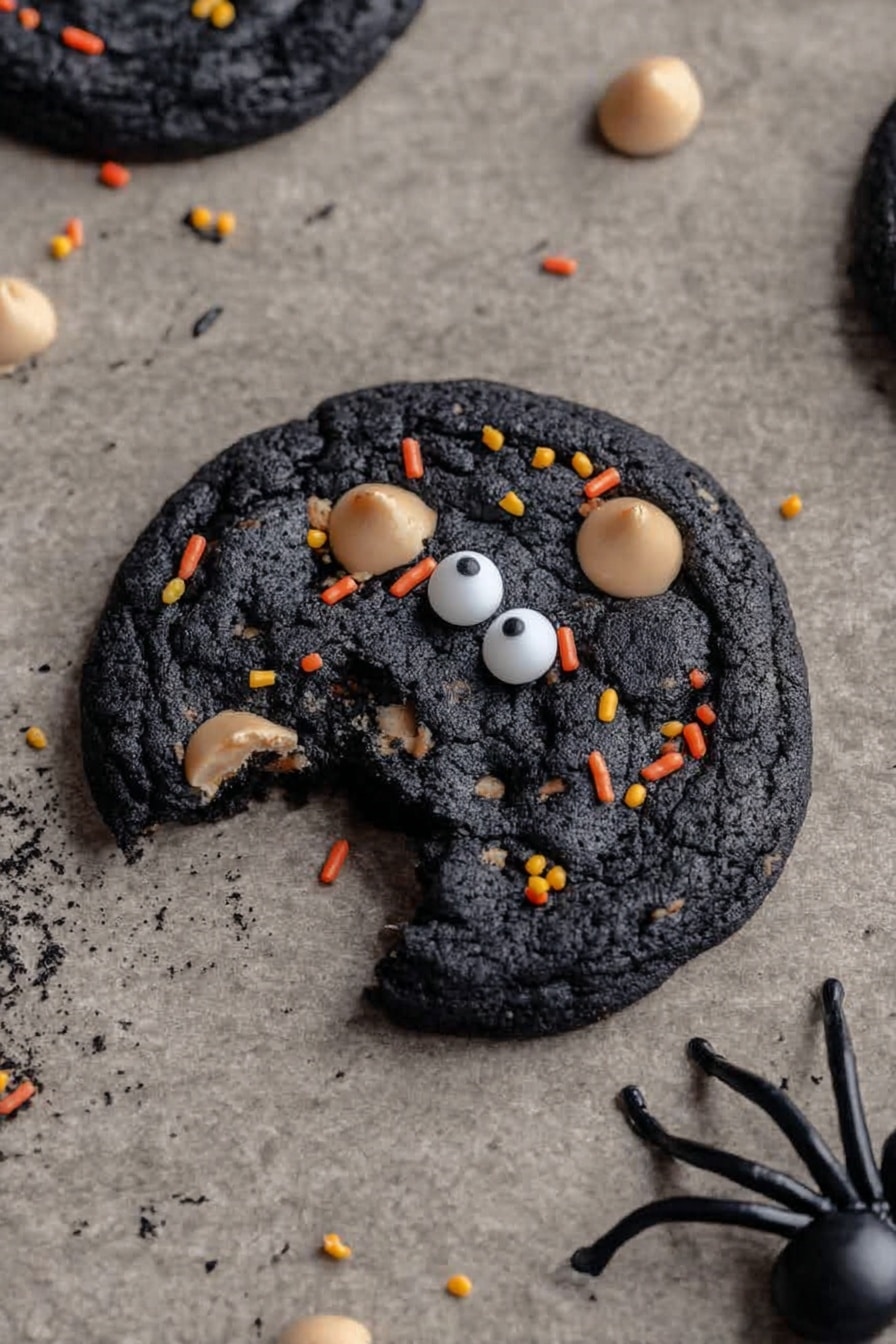 Halloween Black Monster Cookies, black cocoa cookies, Halloween cookies recipe, spooky chocolate cookies, colorful Halloween treats - A dark black cookie with a bite taken from its side lies on a beige textured surface. The cookie has several light tan chips scattered across its top along with small orange and yellow sprinkles. Two white candy eyes with black pupils are placed near the center, giving the cookie a playful face-like look. A plastic black spider sits to the right of the cookie, adding a spooky touch. photo taken with an iphone --ar 2:3 --v 7