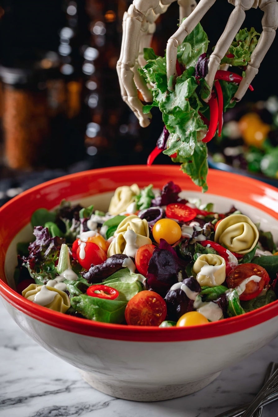 Spooky Halloween Salad with Colorful Tortellini, Halloween Salad with Colorful Tortellini, festive Halloween side dish, cheese skull appetizer, red wine vinaigrette salad - A round bowl with an orange rim dotted with white spots holds a colorful salad on a white marbled surface. The base is made of mixed leafy greens with a dark green and purple shade. On top, there are bright orange, purple, and green tortellini pasta scattered evenly. Small orange grape tomatoes and ring slices of orange and red mini bell peppers add more color. Thin red strips, resembling dried pepperoni, are spread through the salad. Black olive slices punctuate the dish, and tiny white dollops shaped like skulls are placed across the entire salad, adding a spooky touch. In the background, a glass jar of dressing and parts of additional bowls with similar salad are visible, along with a skeleton prop near the bottom edge. Photo taken with an iphone --ar 2:3 --v 7