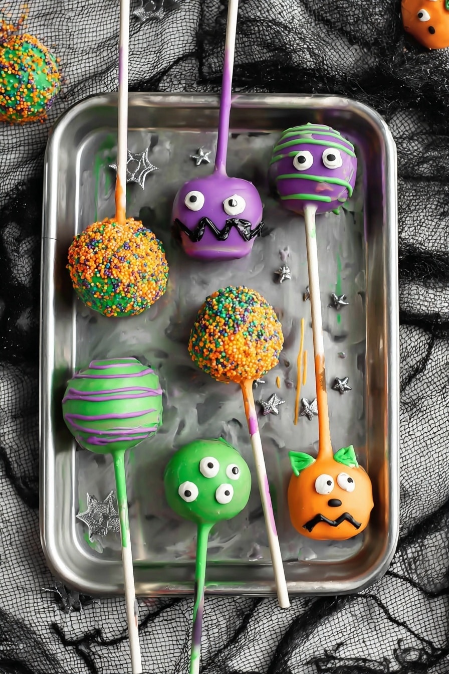 Halloween Cake Pops, spooky Halloween treats, easy Halloween desserts, kid-friendly Halloween snacks, festive cake pop ideas - The image shows a close-up of colorful Halloween-themed cake pops on white sticks, arranged on a metal baking tray placed on a white marbled surface. The cake pops have three main designs: one is bright orange with two white candy eyes and a zigzag black mouth and two small green horns on top, resembling a monster; another is orange covered with small round sprinkles in purple, green, and orange; the third is green with small black candy eyes, looking like a monster face with a rough texture. There are additional purple and green-striped cake pops with pastel-colored drizzle. Nearby on the white marbled surface, a few other cake pops in orange and purple with green and white sticks lie scattered. Small silver star sprinkles are spread on the tray. Photo taken with an iphone --ar 2:3 --v 7