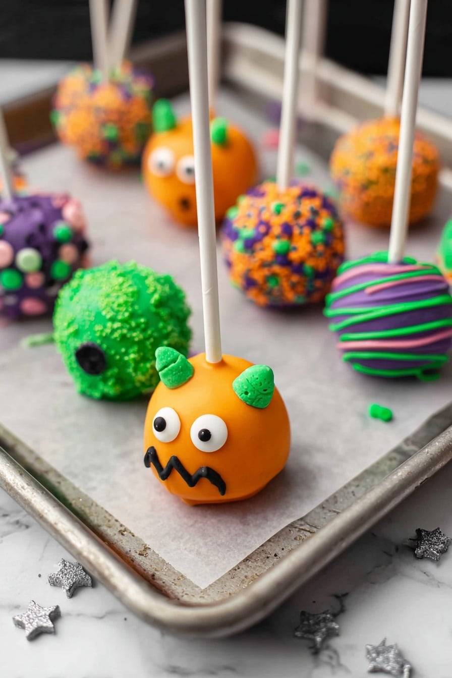 Halloween Cake Pops, spooky Halloween treats, easy Halloween desserts, kid-friendly Halloween snacks, festive cake pop ideas - A metal tray holds six Halloween-themed cake pops, each on a colorful stick. From top to bottom, the first cake pop is green with orange and purple sprinkles, on a purple stick. The second is purple with black zigzag icing and candy eyes and little orange and green sprinkles as hair, on a green stick. The third is orange with purple and green sprinkles, on a white stick. The fourth is plain green with three white candy eyes and a black mouth, on a purple stick. The fifth is green with thin purple, yellow, and pink icing stripes, on a purple stick. The sixth is orange with two white candy eyes, black mouth, and green candy horns, on a white stick. The metal tray is on a black spider web cloth that covers a white marbled surface. Small silver star sprinkles are scattered on the tray photo taken with an iphone --ar 2:3 --v 7