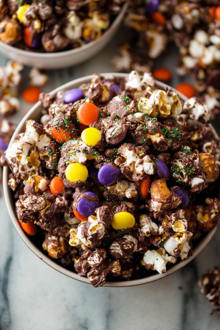 Halloween Popcorn with Chocolate, Candy Corn, M&Ms, and Marshmallows Recipe