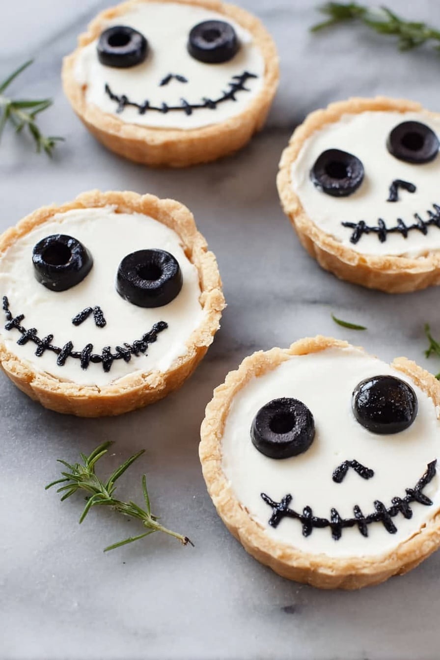 Halloween Jack Skellington Ricotta Olive Tarts, Halloween savory tart recipe, spooky Halloween party appetizers, easy Halloween finger foods, themed Halloween treats - A small round tart with a golden crust holds a smooth, white cream layer that forms the base. On top, there are two large black olives placed as eyes near the upper part of the tart. Below them, two small black olive pieces form the nose, and a curved line of small black olive slices creates a stitched smile across the lower half. The tart sits directly on a white marbled surface, with sprigs of green herbs scattered around and a wooden bowl with black olives visible in the upper left corner. Photo taken with an iphone --ar 2:3 --v 7