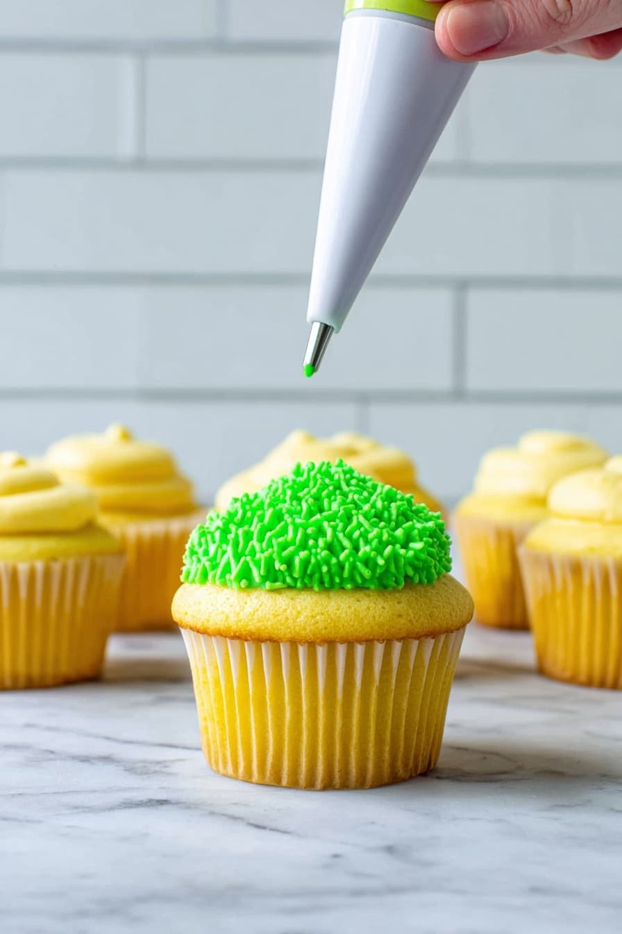 Monster Cupcakes, colorful cupcake ideas, fun Halloween desserts, playful cupcake decorating, easy monster cupcakes - A single yellow cupcake with a soft, smooth top sits in the foreground on a white marbled surface, surrounded by more plain yellow cupcakes in the background. On top of the cupcake in front, bright green frosting is being piped in short, textured strands using a piping bag held by a woman's hand. The frosting adds a thick, textured layer right in the center of the cupcake's top, contrasting with the smooth yellow surface. The background features white tiled walls that create a clean and simple setting. photo taken with an iphone --ar 2:3 --v 7