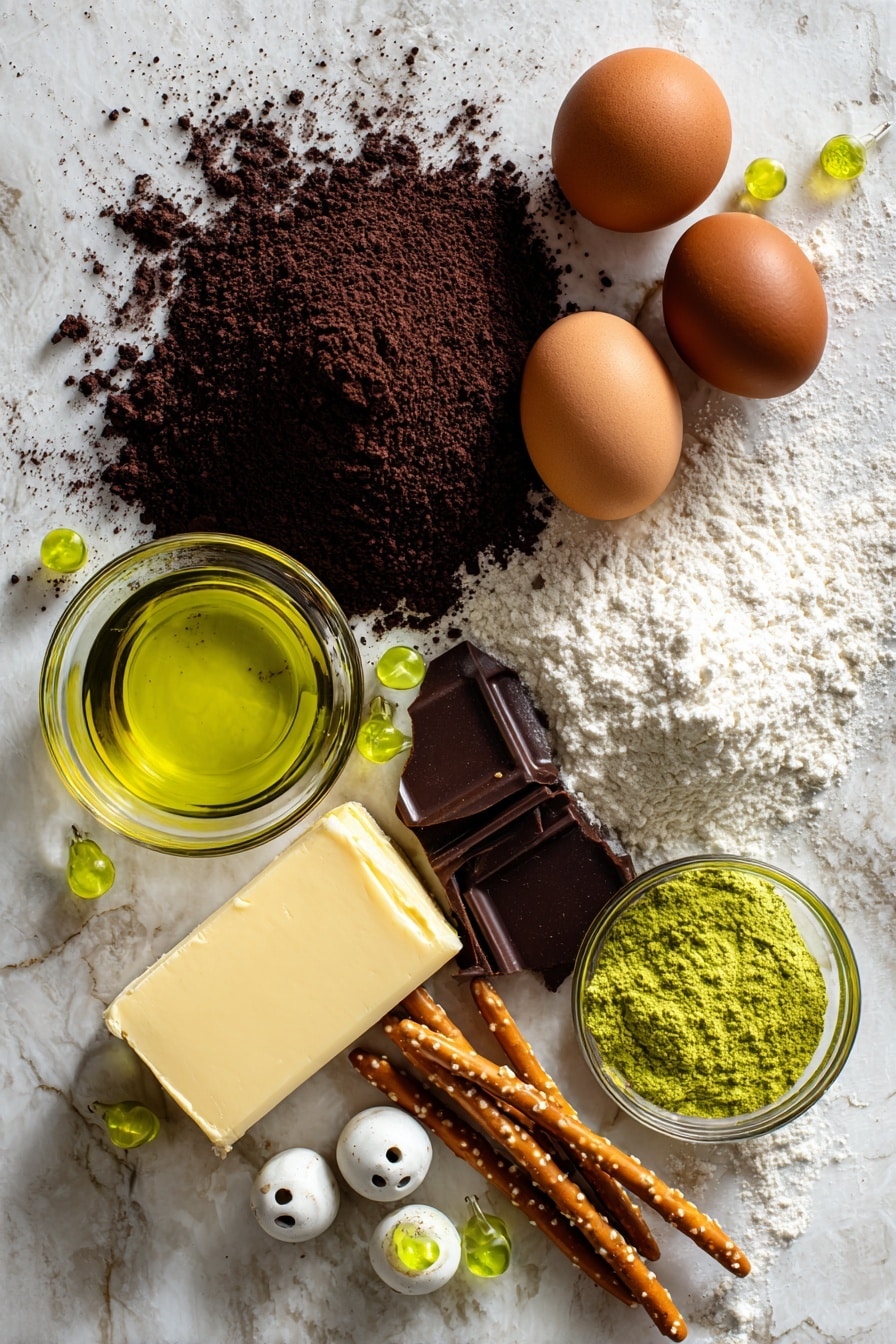 Cauldron Cookie Cups, Halloween Cookie Cups, Festive Cookie Dessert, Easy Halloween Treats, Fun Halloween Baking - Flat lay of rich dark chocolate Devil’s Food cake mix box with deep brown powder spilling slightly, two glossy large brown eggs with smooth shells, a small glass bowl of golden canola oil catching the light, vibrant green liquid food coloring dripping from a dropper, soft pale yellow unsalted butter block with creamy texture, fine white powdered sugar gently heaped, bright green round sprinkles with a shiny surface, shiny white candy eyeballs with black centers, and rustic light brown pretzel sticks with a crunchy texture, all beautifully arranged with natural spacing and slight overlaps to create an inviting scene, placed on white marbled surface, photo taken with an iphone --ar 2:3 --v 7