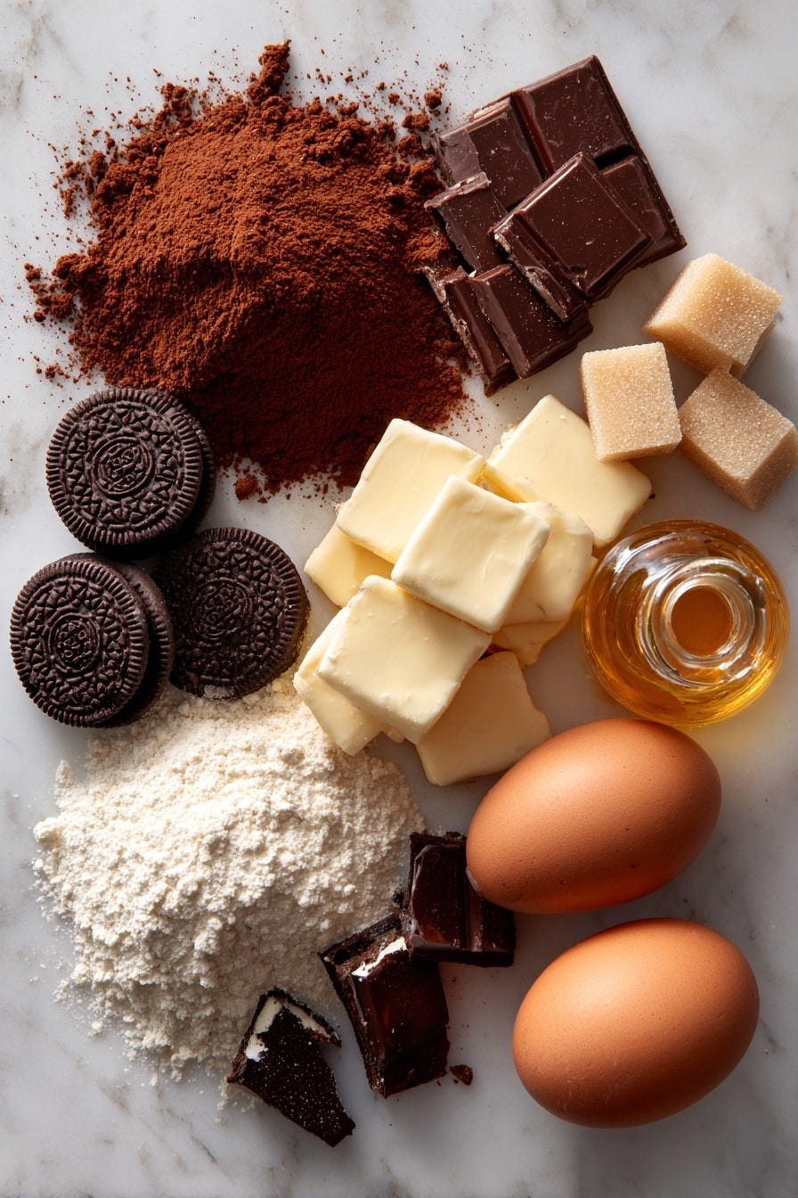 Halloween Oreo Stuffed Brownies, Oreo stuffed brownies, Halloween dessert recipes, fudgy brownie recipes, Halloween treats ideas - Flat lay of rich brown cocoa powder scattered in a small pile, smooth dark chocolate Oreos whole and crushed to show their creamy white centers, two fresh brown-speckled eggs with glossy shells, soft golden brown cubes of butter, shiny light amber brown sugar crystals next to deep reddish-brown packed brown sugar, fine pale off-white all-purpose flour in a neat mound, and a small glass bottle of golden vanilla extract with a warm amber hue, all beautifully arranged with natural shadows and textures highlighted, placed on white marbled surface, photo taken with an iphone --ar 2:3 --v 7