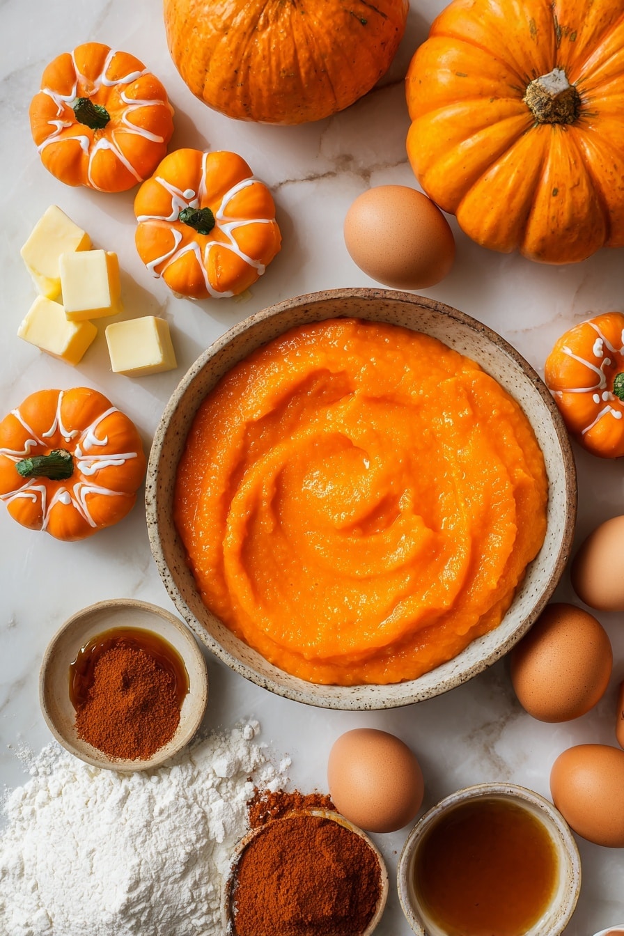 Jack-O-Lantern Halloween Pumpkin Cupcakes with Salted Caramel and Pumpkin Buttercream, Halloween pumpkin cupcakes, salted caramel pumpkin cupcakes, fall themed Halloween treats, festive pumpkin dessert ideas - Flat lay of bright orange pumpkin puree in a rustic bowl, whole fresh small pumpkins with rich orange skin and green stems, smooth orange fondant shaped into tiny pumpkins with delicate lines, golden cubes of salted butter, a mound of fine white powdered sugar, warm amber-colored melted caramel sauce dripping slightly, a scattering of deep brown pumpkin pie spice powder, fresh whole eggs with smooth brown shells, and a small pile of white self-raising flour with a soft powdery texture, all beautifully arranged with natural spacing placed on white marbled surface, photo taken with an iphone --ar 2:3 --v 7