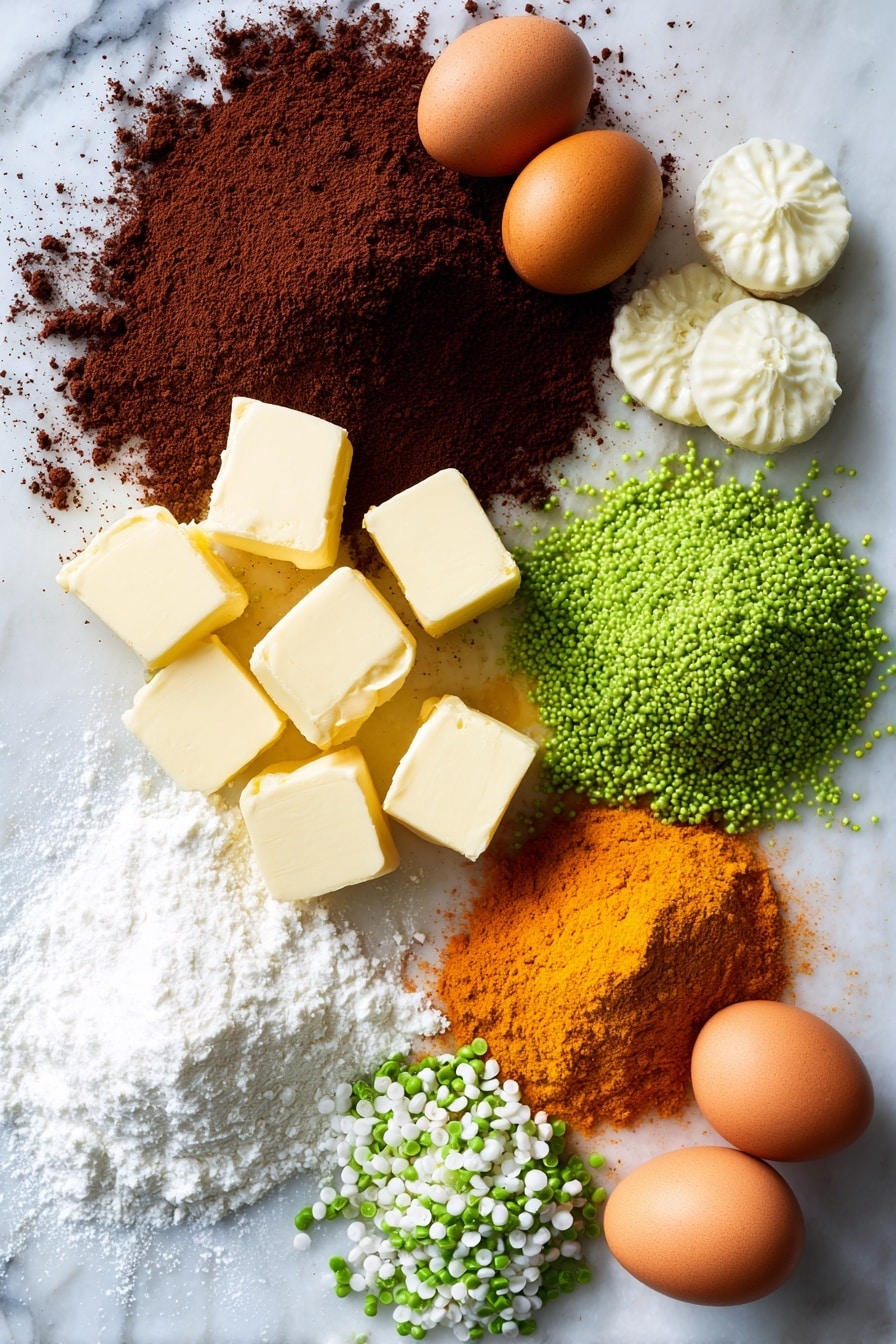 Creepy Halloween Spider Cupcakes, Halloween spider cupcakes, spooky Halloween cupcakes, Halloween dessert ideas, Halloween party treats - Flat lay of deep brown cocoa powder arranged in a small pile, vibrant orange pumpkin puree in a glossy mound, smooth pale yellow cubes of salted butter, rich white powdered sugar scattered lightly, soft white fondant rolled thin with small round cutouts, tiny bright green sprinkles clustered together, whole fresh eggs with smooth brown shells, and a subtle heap of warm brown pumpkin pie spice, all beautifully arranged with natural textures and vibrant colors spread evenly and artfully on a white marbled surface, photo taken with an iphone --ar 2:3 --v 7