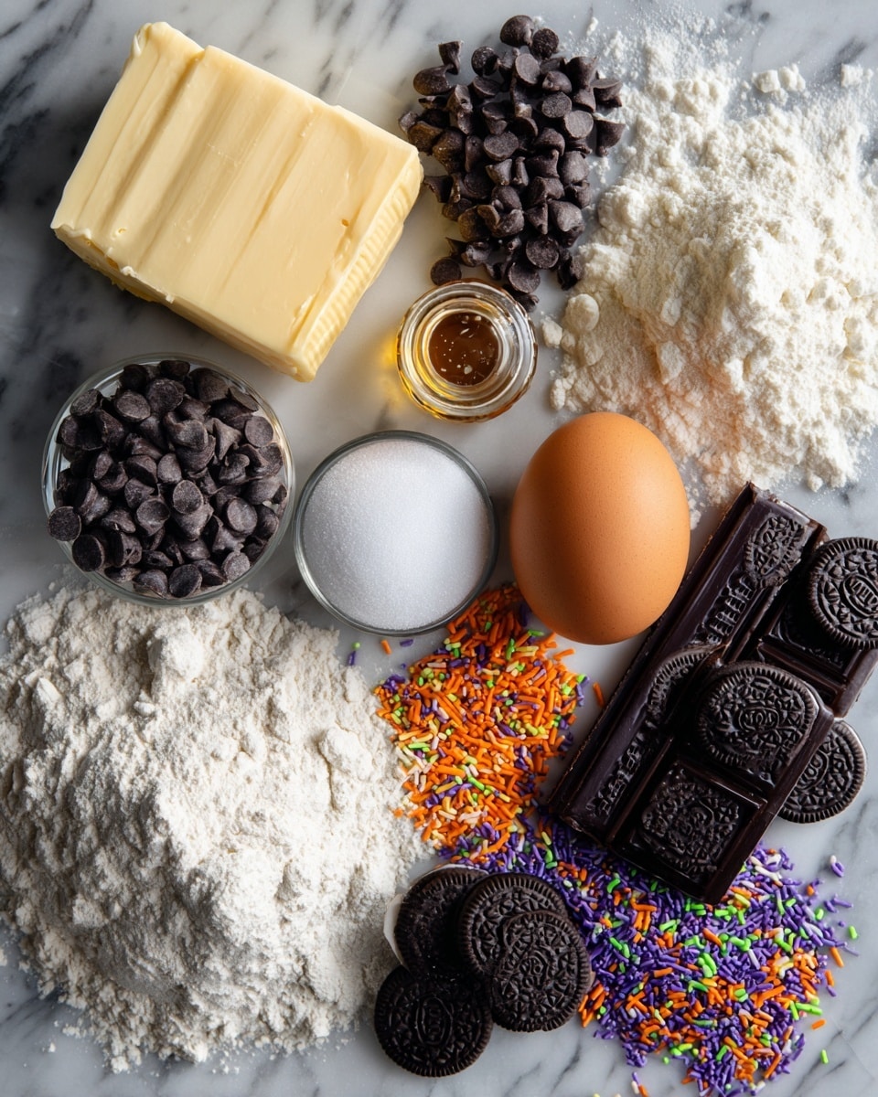 Halloween Oreo Stuffed Chocolate Chip Cookies, Halloween cookie recipes, Oreo stuffed cookies, festive Halloween desserts, easy Halloween treats - Flat lay of slightly softened pale yellow butter, rich dark brown sugar crystals, fine white granulated sugar, a single glossy brown egg, a small glass bottle of golden vanilla extract, a neat pile of soft off-white flour, smooth white corn starch powder, shiny dark semi-sweet chocolate chips scattered loosely, several unopened black and orange Halloween Oreo packs with spooky designs, and a handful of colorful Halloween sprinkles in bright orange, purple, green, and black hues, all beautifully arranged in a natural, slightly overlapping layout, placed on white marbled surface, photo taken with an iphone --ar 2:3 --v 7