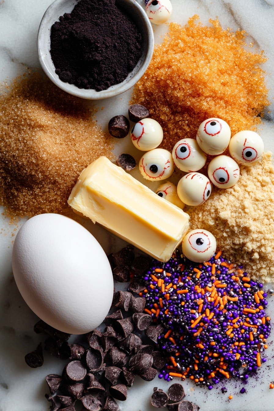 Halloween Black Monster Cookies, black cocoa cookies, Halloween cookies recipe, spooky chocolate cookies, colorful Halloween treats - Flat lay of softened golden butter pats, light and dark brown sugar piles with fine crystals sparkling, a single large glossy white egg, rich black cocoa powder in a small mound with deep matte texture, creamy pale peanut butter chips scattered loosely, vibrant multicolored Halloween sprinkles in orange, purple, and black, and eerie white eyeball candies with red veins, all naturally arranged with slight overlaps and shadows, placed on white marbled surface, photo taken with an iphone --ar 2:3 --v 7