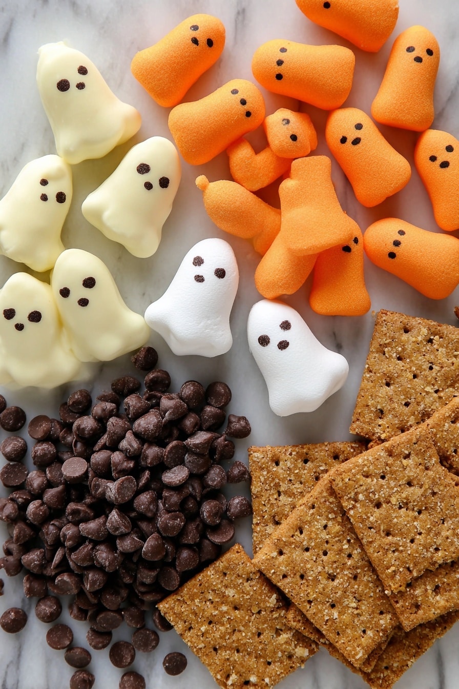 Halloween S’mores Dip with Peeps Marshmallows, Halloween s'mores dip, festive Halloween dessert, easy Halloween treats, Peeps marshmallow Halloween - Flat lay of creamy milk and semi-sweet chocolate chips in smooth piles, ghost-shaped white Peeps marshmallows with a soft, fluffy texture, bright orange pumpkin Peeps marshmallows with a slightly glossy surface, dark mini chocolate chips scattered loosely to show their small, shiny round shapes, golden brown graham crackers with a crunchy, crumbly texture, all beautifully arranged with some chocolate chips gently spilling near the Peeps, placed on white marbled surface, photo taken with an iphone --ar 2:3 --v 7