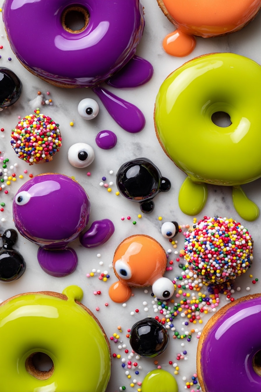 Halloween Cake Pops, spooky Halloween treats, easy Halloween desserts, kid-friendly Halloween snacks, festive cake pop ideas - Flat lay of vibrant candy melts in green, purple, and bright orange, smooth and glossy with a soft sheen, surrounded by plain mini donuts and donut holes showing their fluffy, golden texture, scattered candy eyeballs with white and black contrasts, colorful assorted sprinkles in various shapes and sizes=