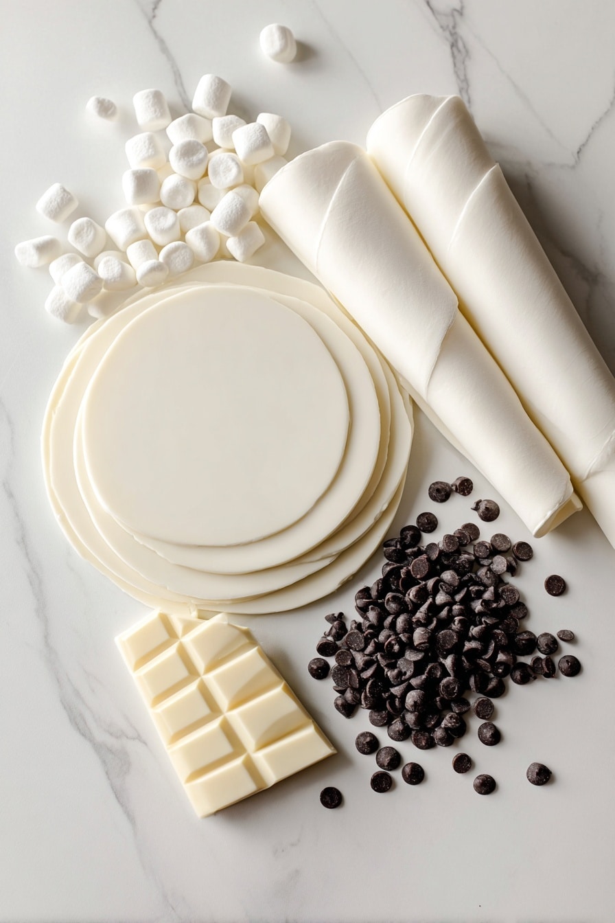 Marshmallow Ghosts Halloween Treats Easy Halloween Treats Ghostly Marshmallow Snacks Spooky Halloween Party Snacks - Flat lay of smooth white fondant sheets rolled thin with soft, pillowy white marshmallows scattered nearby, tiny glossy black mini chocolate chips and larger standard chocolate chips arranged in clusters, chunks of creamy white chocolate with subtle ridges, all textures contrasting beautifully against each other; the fondant’s matte finish, marshmallows’ fluffy softness, chips’ shiny surfaces, and white chocolate’s gentle cream color create a delicate Halloween-themed palette, placed on white marbled surface, photo taken with an iphone --ar 2:3 --v 7