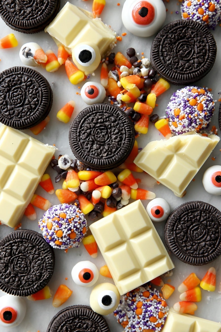 Spooky Halloween Oreo Bark, Halloween Oreo Bark, no-bake Halloween treats, easy Halloween desserts, spooky chocolate bark - Flat lay of whole Halloween Oreos with their dark chocolate cookies and orange, black, and white cream centers, colorful Reese's Pieces in bright orange, yellow, and brown hues, small round eyeball candies with white bases and red and black details, a variety of Halloween-themed sprinkles in orange, black, white, and purple, and smooth blocks of creamy white chocolate showing a glossy texture, all beautifully scattered and overlapping with natural shadows, placed on white marbled surface, photo taken with an iphone --ar 2:3 --v 7