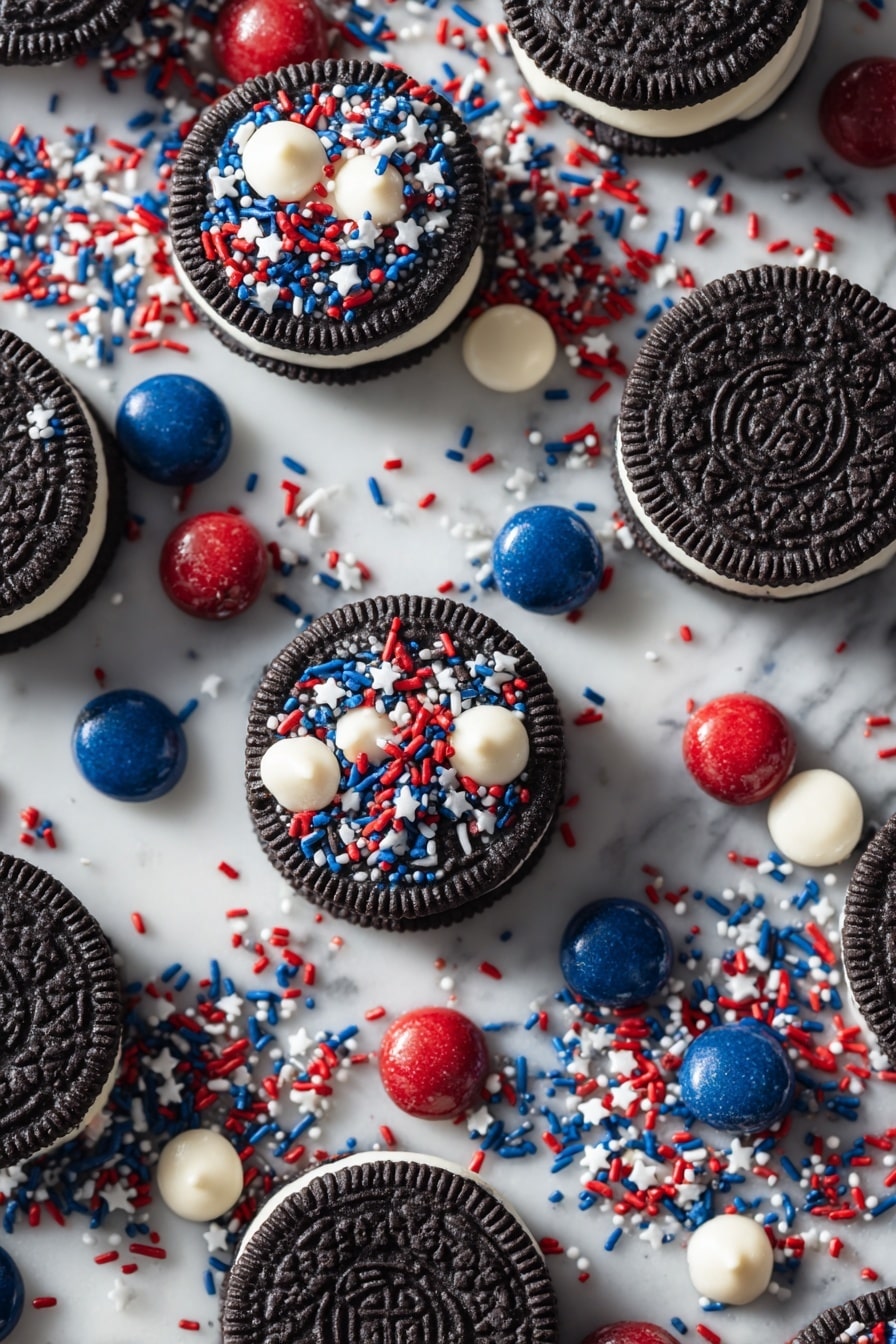 White Chocolate Dipped 4th of July Oreos, patriotic Oreo desserts, easy summer cookie recipes, red and blue Oreo treats, festive patriotic desserts - Flat lay of shiny black Oreo cookies with creamy white filling, smooth white chocolate chips and bright white chocolate chunks, vibrant red candy melts in small glossy pieces, deep blue candy melts broken into irregular shapes, colorful tiny patriotic sprinkles in stars and dots shapes with red, white, and blue colors, all arranged naturally with some candy melts scattered loosely among the Oreos, placed on white marbled surface, photo taken with an iphone --ar 2:3 --v 7