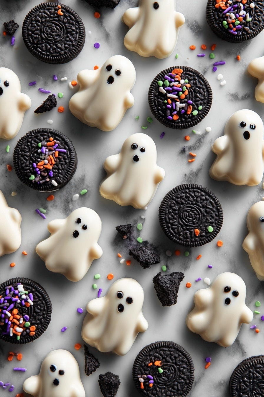 Halloween Graveyard Pudding Cups, Halloween dessert ideas, spooky Halloween treats, easy Halloween desserts, kid-friendly Halloween recipes - Flat lay of glossy white chocolate dollops shaped like ghosts with smooth, creamy texture, rich black candy melts formed into delicate tree silhouettes and small eyes and mouths, smooth Milano cookies with a golden-brown color and slightly crumbly texture, velvety dark chocolate instant pudding powder, deep black crushed Oreo cookie crumbs with rough, crumbly edges, colorful Halloween sprinkles in bright orange, purple, and green hues, and cold fresh milk in a clear glass, all beautifully arranged with contrasting colors and textures, placed on white marbled surface, photo taken with an iphone --ar 2:3 --v 7