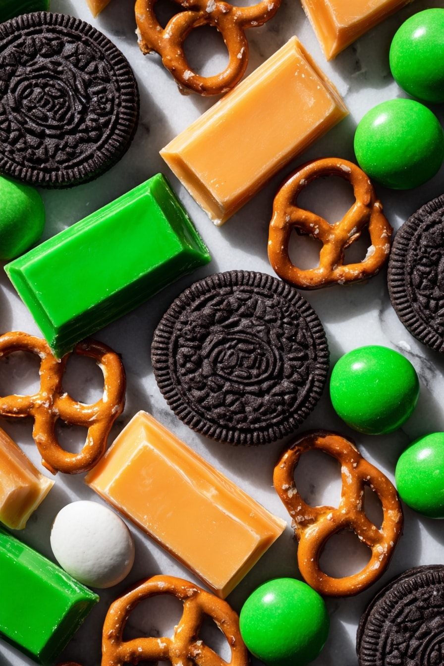 Halloween Pumpkin Cookies, festive pumpkin cookies, easy Halloween desserts, no-bake Halloween treats, pumpkin-themed party desserts - Flat lay of whole Oreo sandwich cookies with their dark chocolate edges and creamy centers visible, bright orange white chocolate bark pieces with a smooth glossy texture from added orange food coloring, solid white coconut oil chunks with a slightly waxy appearance, vibrant green candy-coated milk chocolates halved to show their shiny shells and milk chocolate centers, small twisted pretzel pieces with a golden brown crunchy texture, all artfully scattered and overlapping with natural shadows and highlights, placed on white marbled surface, photo taken with an iphone --ar 2:3 --v 7