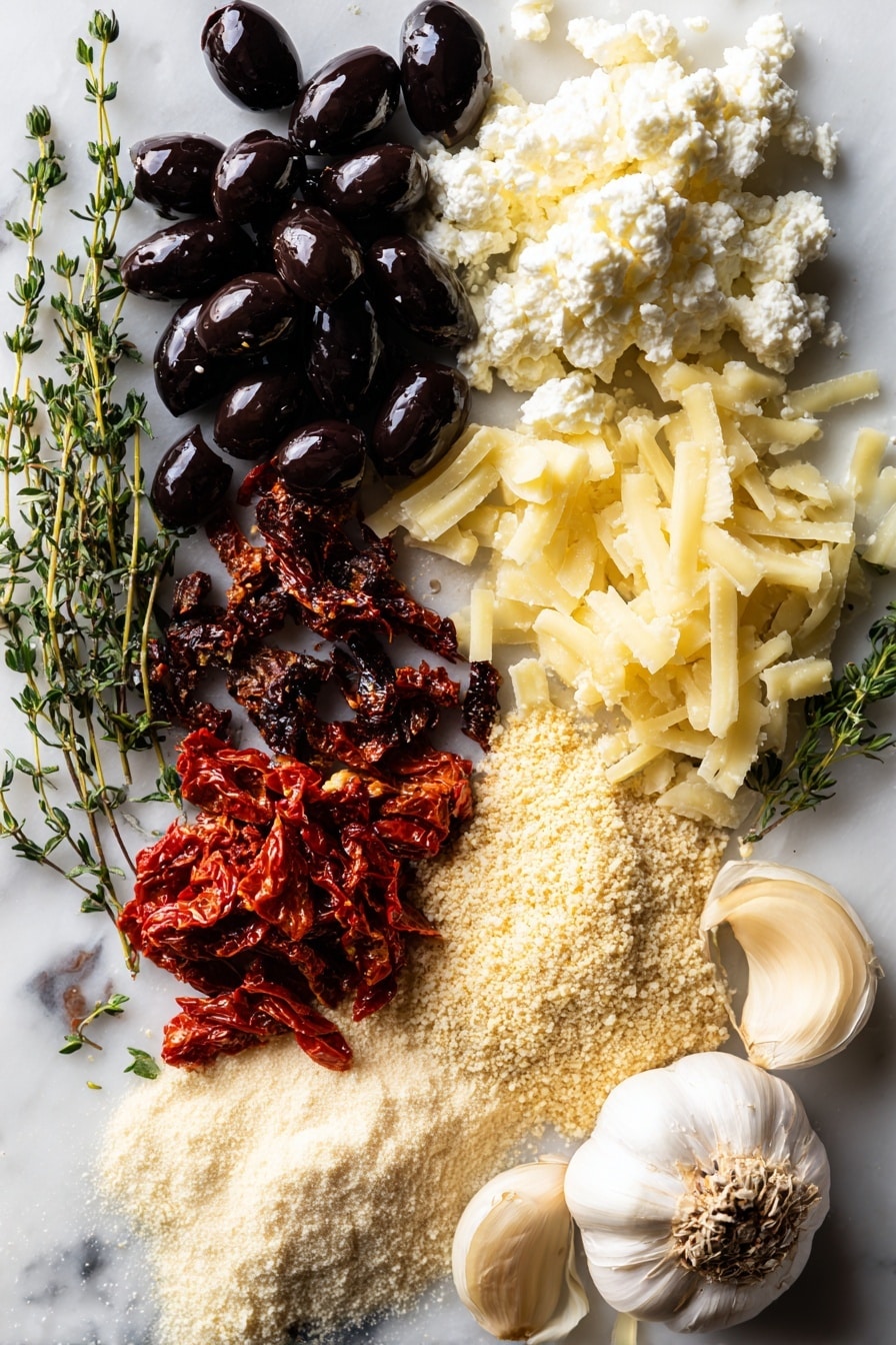 Halloween Jack Skellington Ricotta Olive Tarts, Halloween savory tart recipe, spooky Halloween party appetizers, easy Halloween finger foods, themed Halloween treats - Flat lay of shiny black olives whole and sliced into thin strips and small ovals, bright deep red julienned sun-dried tomatoes with a slightly oily sheen, fresh green thyme leaves scattered gently, creamy white ricotta cheese with a soft, smooth texture, a small pile of grated pale yellow parmesan cheese with a crumbly look, a few fresh garlic cloves with papery white skin and smooth curves, raw egg whites in a translucent state with a glossy finish, and a small mound of mixed gluten-free flours in soft beige tones, all beautifully arranged in an inviting natural pattern, placed on white marbled surface, photo taken with an iphone --ar 2:3 --v 7