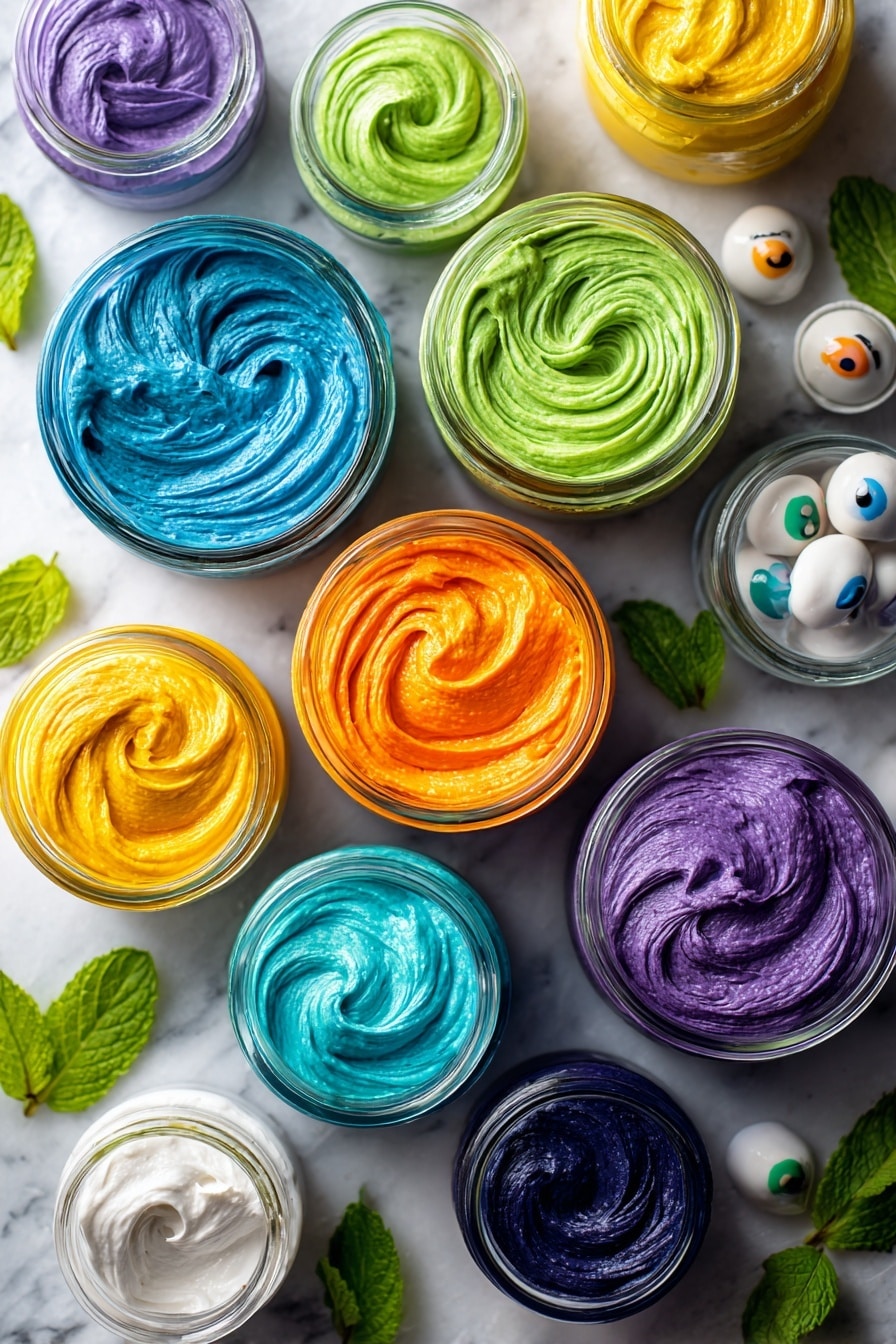 Monster Cupcakes, colorful cupcake ideas, fun Halloween desserts, playful cupcake decorating, easy monster cupcakes - Flat lay of vibrant scoops of buttercream frosting in bright blue, green, orange, purple, and yellow hues, glossy and smooth with soft swirls; scattered shiny candy eyes in various sizes=