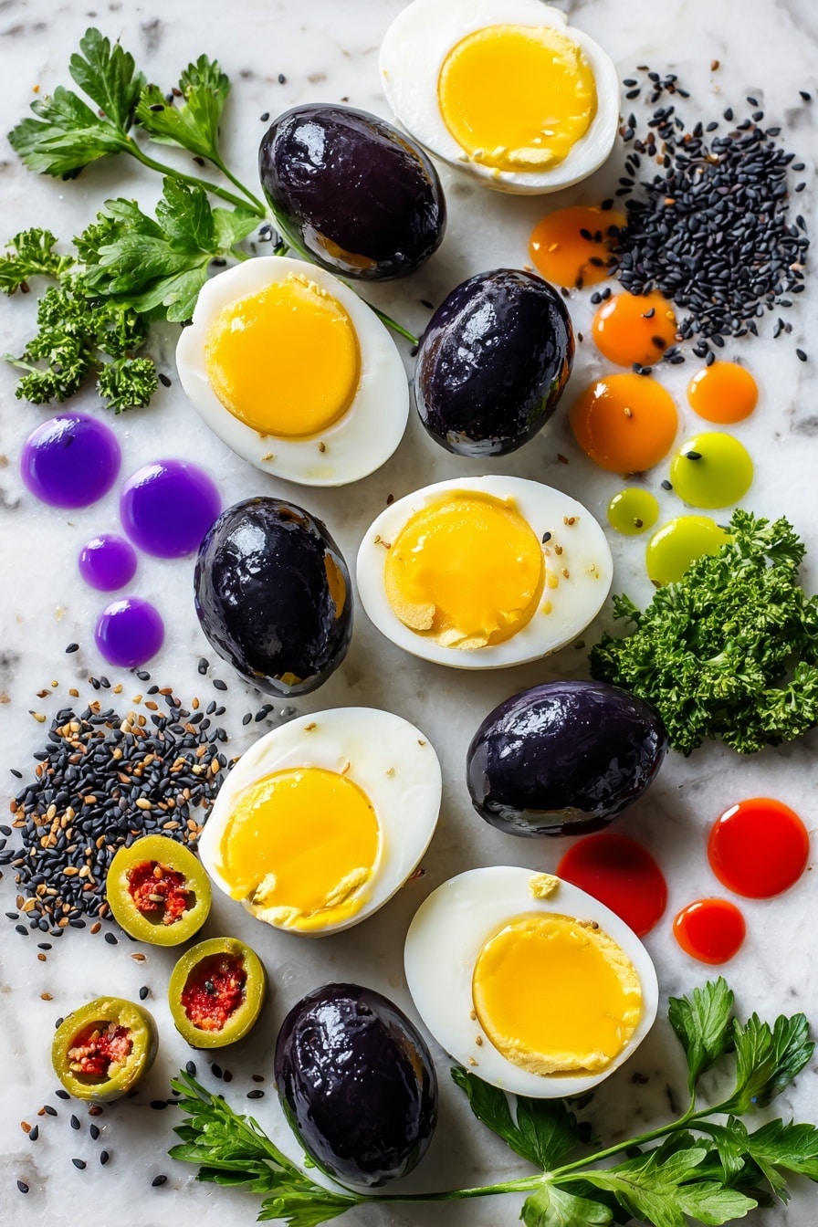 Halloween Deviled Eggs Spectacular, Halloween deviled eggs, festive Halloween appetizers, creative deviled egg ideas, spooky party snacks - Flat lay of halved hard boiled eggs with smooth, glossy whites and vibrant yellow yolks, whole black olives with shiny deep black skins, sliced pimento-stuffed green olives showing bright red centers, fresh curly parsley with rich green, textured leaves, small piles of glossy black sesame seeds, and drops of purple, orange, and green food coloring in vibrant jewel tones, all naturally arranged in an inviting, colorful pattern, placed on white marbled surface, photo taken with an iphone --ar 2:3 --v 7