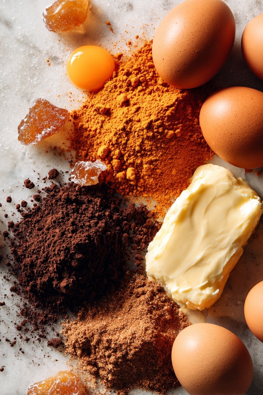 Orange and Black Halloween Marble Cake, Halloween marble cake, spooky marble cake recipe, Halloween dessert ideas, festive Halloween cake - Flat lay of bright orange pumpkin powder in a small pile, rich black cocoa powder with a velvety texture, fresh whole brown eggs with smooth shells, soft brown sugar crystals glistening under soft light, a dollop of creamy salted butter showing hints of gloss, warm golden milk in a small splash, vibrant orange food coloring droplets shimmering, and a sprinkle of pumpkin spice mix with earth tones and fine texture, all naturally arranged with slight overlaps and soft shadows, placed on white marbled surface, photo taken with an iphone --ar 2:3 --v 7