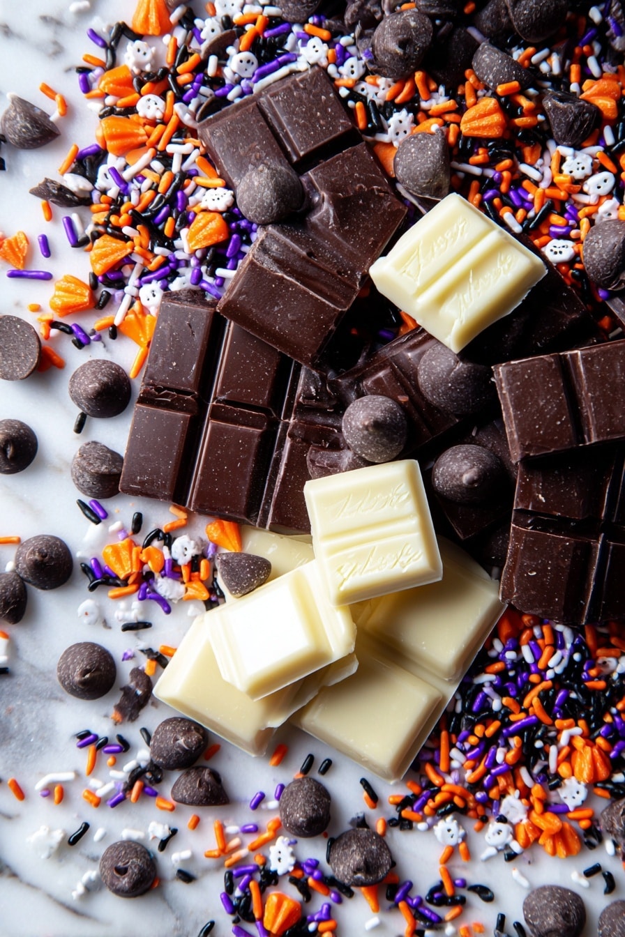 Halloween 3-Ingredient Ghost Bark, easy Halloween treats, Quick Halloween dessert, festive ghost bark, simple Halloween candy - Flat lay of shiny, smooth semi-sweet chocolate chips in rich dark brown, glossy white chocolate chunks with creamy texture, assorted colorful Halloween sprinkles in orange, black, purple, and white with tiny ghost and pumpkin shapes, all scattered naturally and invitingly across a bright white marbled surface, photo taken with an iphone --ar 2:3 --v 7