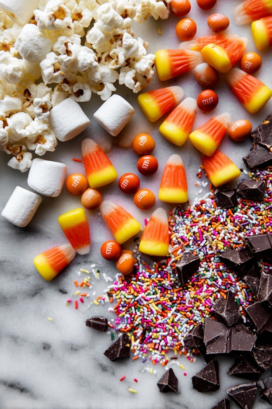 Halloween Popcorn with Chocolate, Candy Corn, M&Ms, and Marshmallows, Halloween Party Snacks, Festive Halloween Treats, Easy No-Bake Halloween Snacks, Colorful Halloween Popcorn - Flat lay of bright orange candy corn with smooth, shiny red and yellow peanut M&Ms scattered among fluffy white mini marshmallows and light, airy salted popcorn kernels, rich dark brown chopped semisweet chocolate chunks with a glossy texture, and colorful festive sprinkles in various shapes and vibrant hues, all naturally arranged with a mix of clusters and loose pieces to create a playful, textured composition, placed on white marbled surface, photo taken with an iphone --ar 2:3 --v 7