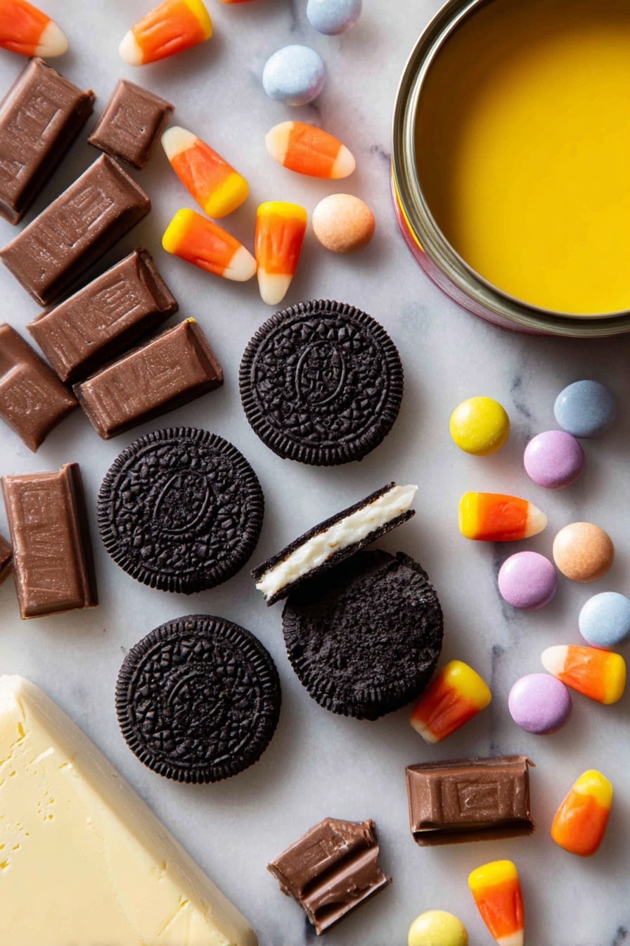 Boo Batter No-Churn Ice Cream with Kit Kats and Halloween Colors, Halloween ice cream recipes, no-churn fall desserts, spooky Halloween dessert ideas, easy Halloween ice cream - Flat lay of crushed chocolate Oreo cookies with creamy white filling, broken mini Kit Kat bars showing their crisp wafer layers, bright orange and yellow candy corn, colorful smooth Smarties in pastel shades, glossy black liquid food coloring droplets, a small pat of soft pale yellow melted butter, and a can of shiny golden sweetened condensed milk, all beautifully arranged with natural textures and vibrant colors, placed on white marbled surface, photo taken with an iphone --ar 2:3 --v 7