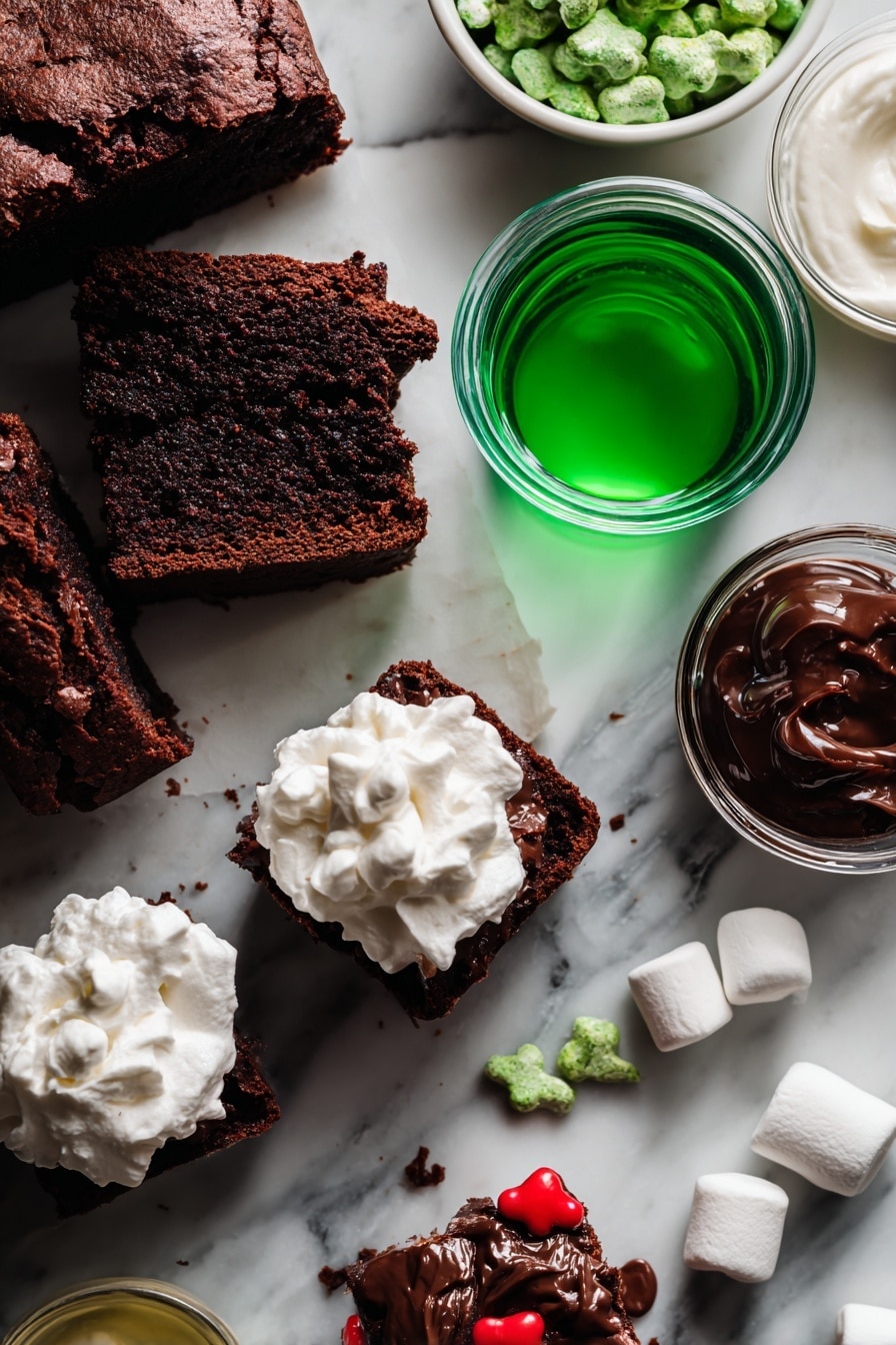 Boo Halloween Dessert Cups, Halloween dessert ideas, spooky Halloween treats, easy Halloween party desserts, layered Halloween dessert - Flat lay of rich chocolate loaf cake pieces with deep brown color and moist texture, smooth dark chocolate pudding mix packets in their shiny boxes, fluffy white whipping cream swirls, bright white marshmallow ghosts with soft and puffy texture, small vibrant red candy bones with glossy finish, a small glass jar of green food coloring showing bright emerald liquid, all arranged naturally with slight overlapping and scattered crumbs to add texture, placed on white marbled surface, photo taken with an iphone --ar 2:3 --v 7