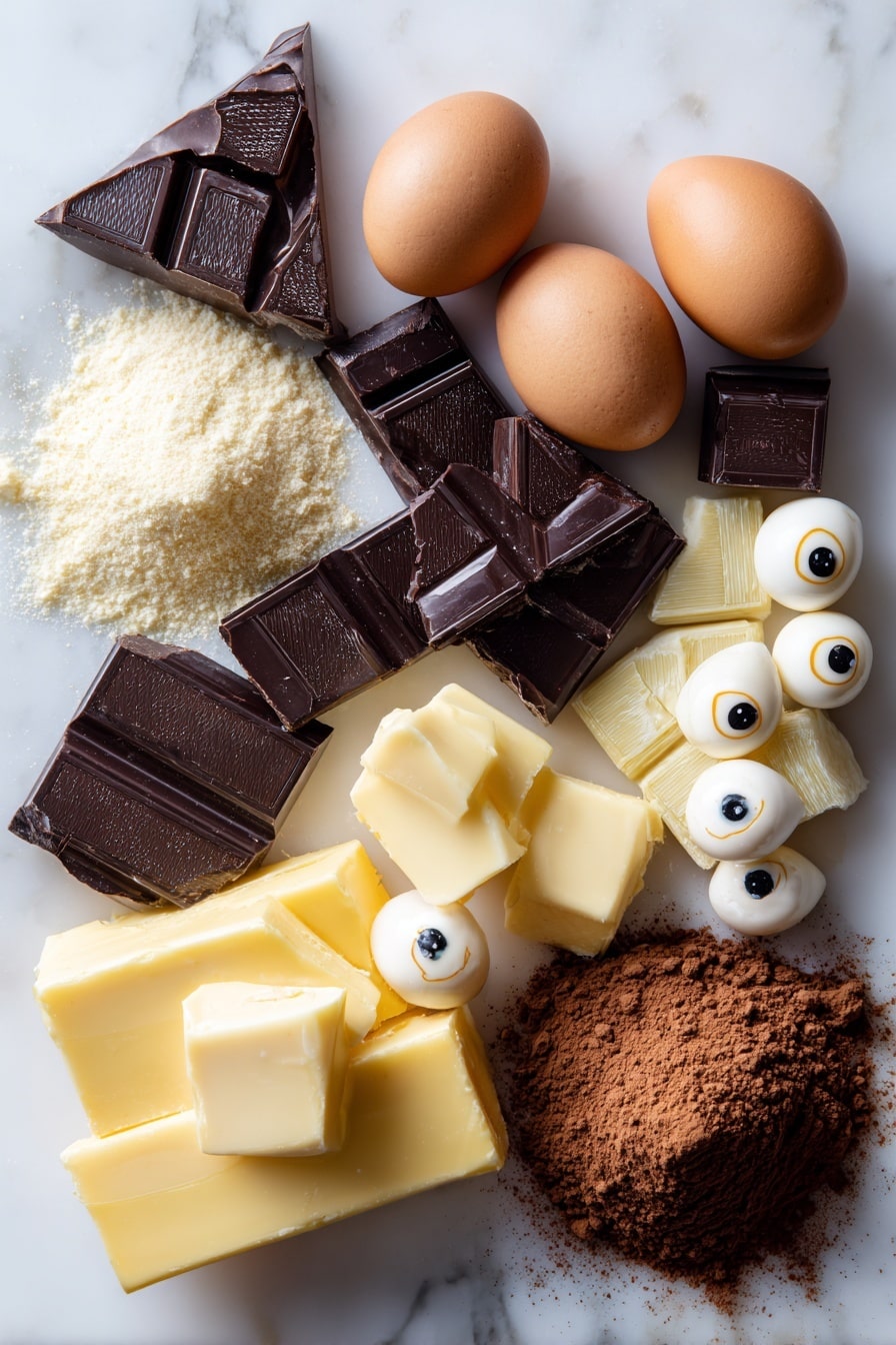 Chocolate Madeleine Mummies, Halloween madeleine cookies, spooky Halloween desserts, chocolate treat ideas, festive fall baking - Flat lay of glossy dark chocolate chunks with a rich deep brown color, creamy pale yellow unsalted butter blocks, smooth white chocolate pieces glowing softly, golden honey drizzles shimmering slightly, fresh large eggs with smooth brown shells, fine light almond flour mounds with a soft texture, velvety dark cocoa powder heaps in rich reddish-browns, and tiny round candy eyes with bright white backgrounds and black pupils scattered playfully, all arranged naturally with gentle overlaps and seasonal charm, placed on white marbled surface, photo taken with an iphone --ar 2:3 --v 7