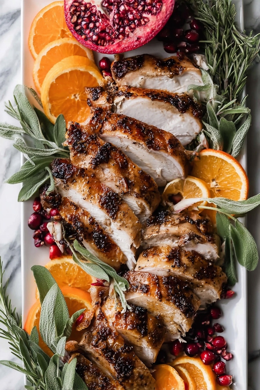 Perfect Smoked Turkey Breast, smoked turkey breast recipe, juicy smoked turkey, tender smoked turkey, smoky turkey dinner - A large roasted dark brown meat piece sits in the center of a white plate, surrounded by fresh dark purple grapes in bunches. There are cut halves of bright orange small citrus fruits and yellow lemon wedges placed evenly around the meat. Green rosemary leaves and sage leaves add greenery around the edges. Two red pomegranate halves with seeds showing are placed on opposite sides near the meat. All this is on a white marbled surface. photo taken with an iphone --ar 2:3 --v 7