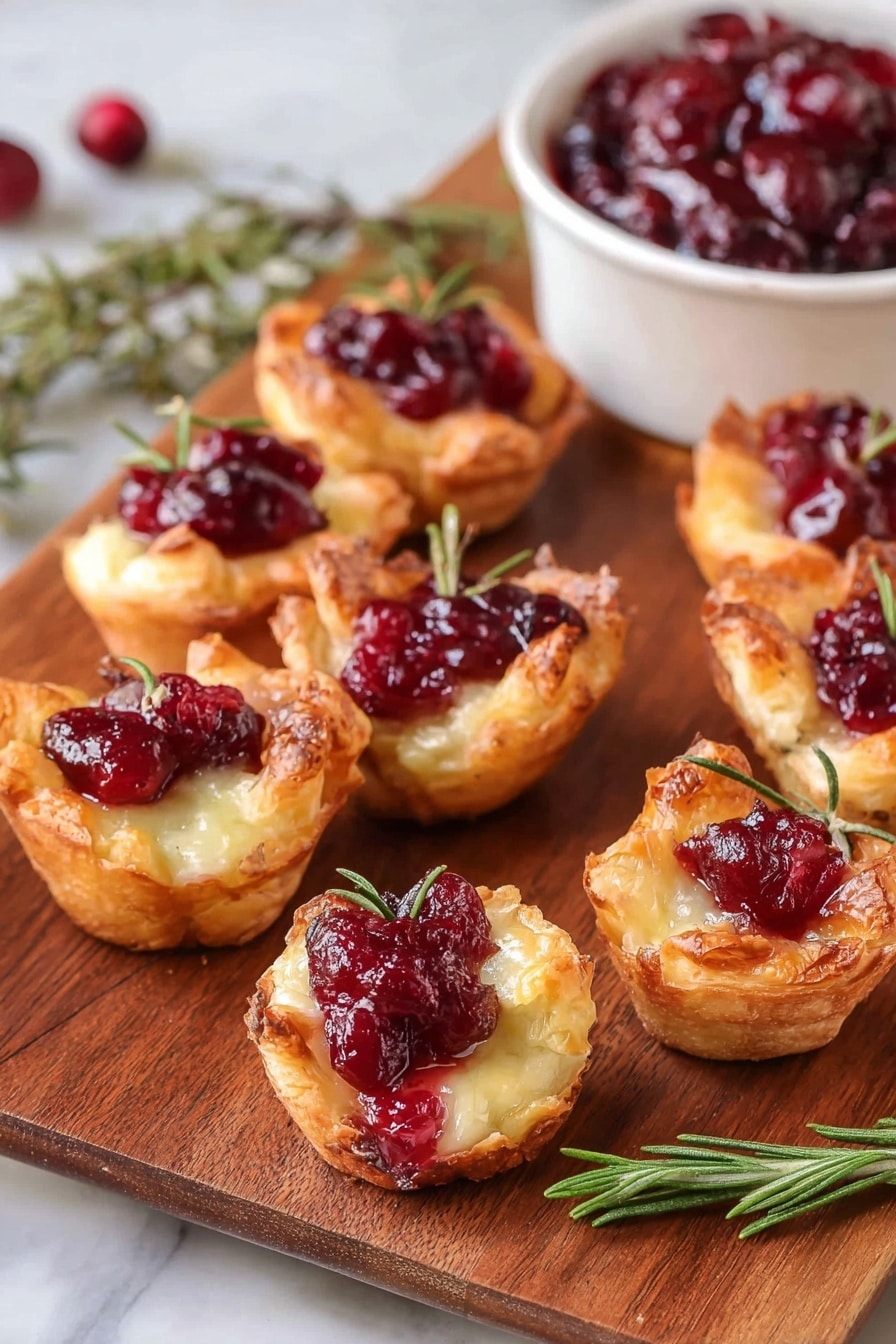 Cranberry Brie Bites, cranberry brie appetizer, holiday party snacks, easy party appetizers, flaky crescent bites - The image shows eight small pastry cups arranged on a wooden board. Each cup has a golden-brown crispy outer layer filled with melted cheese, topped with a bright red cranberry sauce that looks chunky. Some pastries have small green rosemary sprigs sticking out from the side, adding a fresh touch. In the background, part of a white bowl filled with more cranberry sauce is visible, along with a few more sprigs of rosemary lying on the board. The scene is warm and inviting, with a focus on the texture contrast between the crispy pastry and soft cheese topped with vibrant cranberry sauce. The setting is on a white marbled surface. photo taken with an iphone --ar 2:3 --v 7