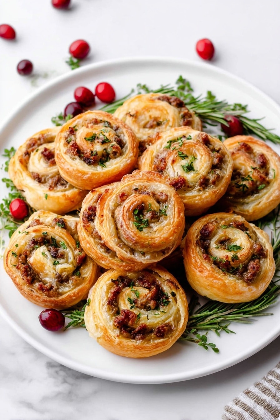 Sausage Cranberry Brie Bites, savory sweet appetizer, easy holiday appetizers, quick party snacks, creamy cheese and sausage bites - A white plate holds nine golden-brown puff pastry pinwheels stacked gently. Each pinwheel has multiple layers visible in a spiral pattern, showing a slightly crispy outer edge with a softer, flaky inside. The filling is a mix of brown, green, and reddish bits, likely meat and herbs, spread through the spiral. Around the pinwheels are sprigs of green herbs and scattered red cranberries, adding color contrast. The plate sits on a white marbled surface with a black and white checkered cloth and a white towel in the background. Photo taken with an iphone --ar 2:3 --v 7