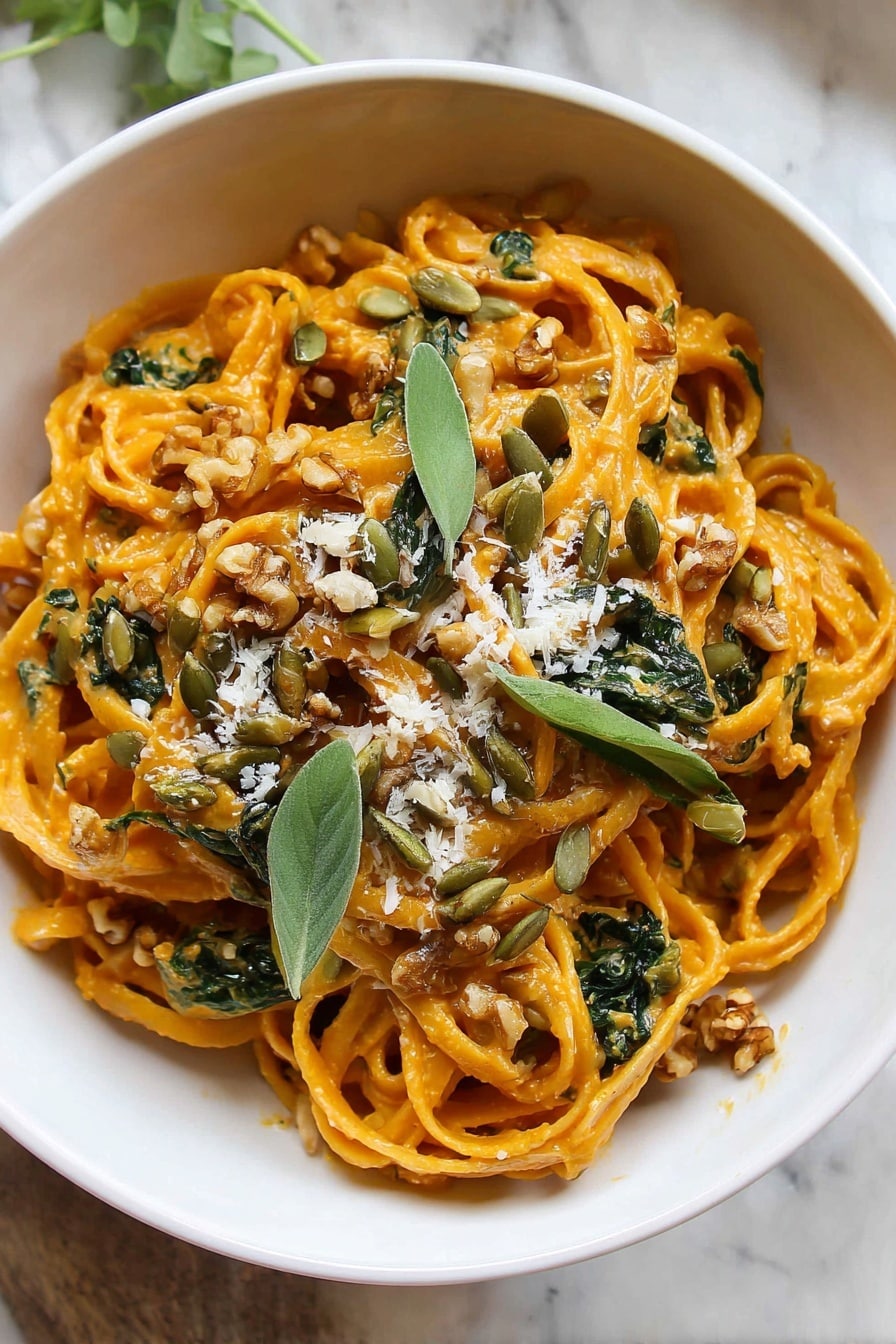 The BEST Pumpkin Pasta, Pumpkin Pasta with Sage and Parmesan, Cozy Pumpkin Pasta Dinner, Creamy Fall Pasta Recipe, Easy Pumpkin Pasta - The dish shows a white bowl filled with noodles coated in an orange sauce, giving a creamy look. The noodles are twisted and piled in layers, mixed with dark green leafy pieces that add color contrast. On top, there are scattered light brown walnut pieces and green pumpkin seeds, along with a sprinkle of white grated cheese for texture. Several fresh green leaves are placed on the surface, enhancing the natural appeal. The bowl sits on a white marbled surface, adding a clean and bright background to the photo taken with an iphone --ar 2:3 --v 7