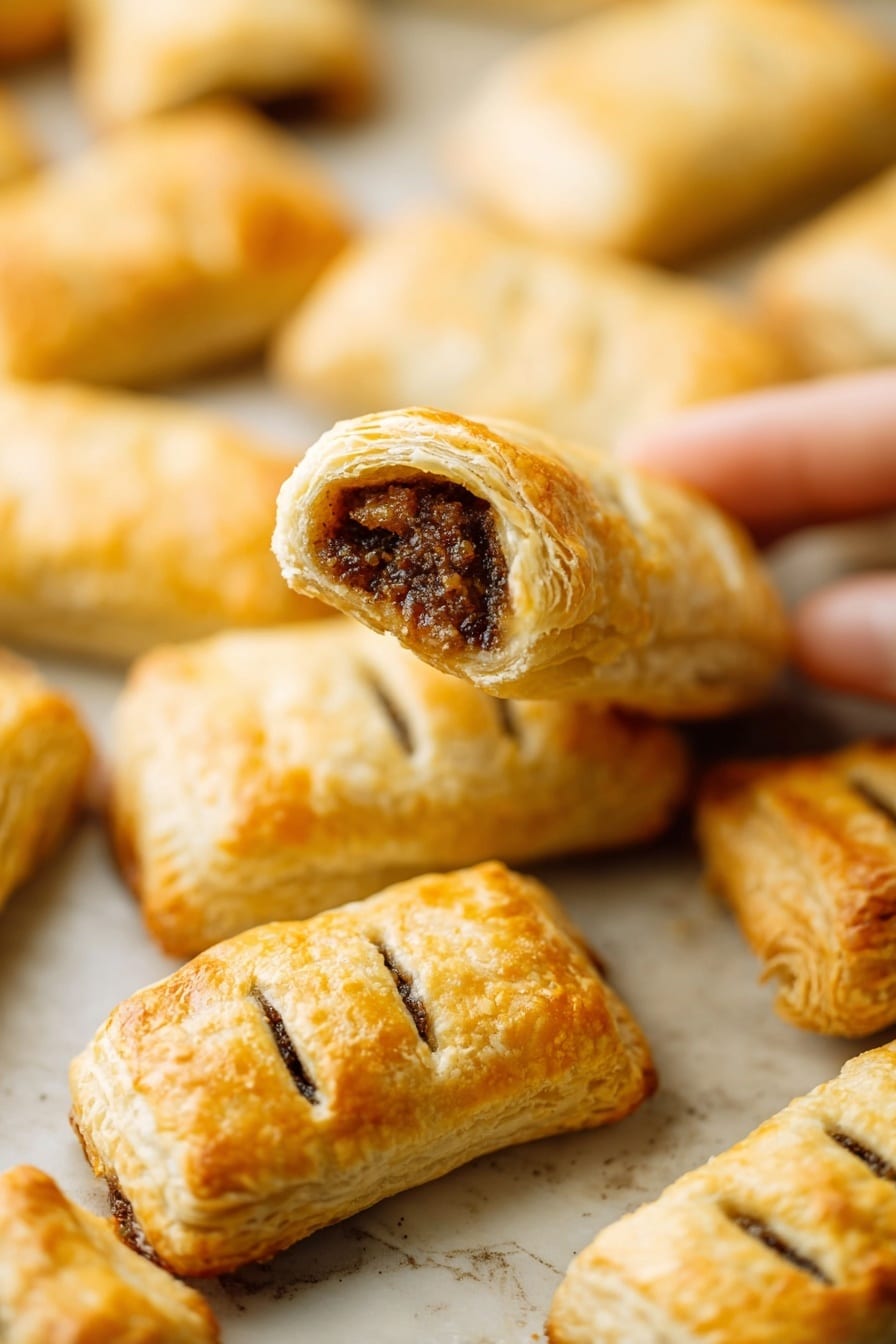 Vegan Sausage Rolls, vegan puff pastry snacks, plant-based sausage rolls, vegan party foods, easy vegan finger foods - This image shows many small golden-brown pastries with a flaky, crispy texture lying on a surface with a white marbled texture. Each pastry is rectangular with small slits on top, revealing a dark brown filling inside. One pastry is held up close to the camera by a woman's hand, showing the inside, which looks thick and chunky with a slightly sticky appearance. The layers of the pastries are clearly visible, with a light, airy crust wrapped around the filling, and the overall look is warm and inviting. photo taken with an iphone --ar 2:3 --v 7