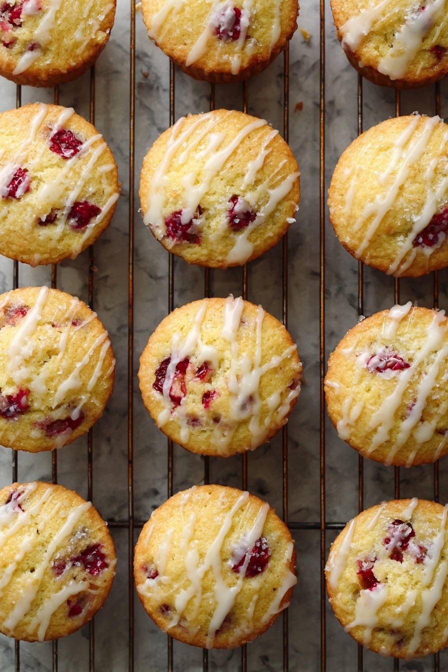 Cranberry Orange Muffins, cranberries orange muffins, citrus cranberry muffins, fluffy cranberry muffins, easy muffin recipes - The image shows twelve golden-brown muffins on a cooling rack over a white marbled surface. Each muffin is topped with white glaze that is drizzled thinly and unevenly, adding a shiny texture. Bright red berry pieces are visible inside the muffins, some bursting out from the top, giving a pop of color against the soft, fluffy yellow interior. The muffins are arranged in a grid-like pattern on the rack, with light shadows underneath creating depth. photo taken with an iphone --ar 2:3 --v 7