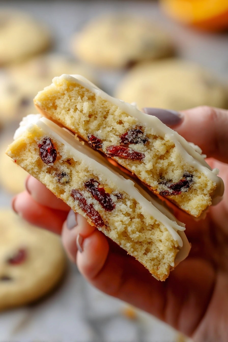 Orange Cranberry Shortbread Cookies, citrus cranberry cookie recipe, easy holiday shortbread, buttery fruit cookies, cranberry orange dessert - A close-up view of a two-layer soft cookie held by a woman's hand, showing a light golden-brown, moist texture with embedded dark red dried fruit pieces throughout both layers. The cookie has a thin white icing coating on the outside, visible on the edges, with a slightly rough surface. The background is softly blurred with similar cookies lying flat on a white marbled surface, emphasizing the focus on the held cookie. The warm lighting enhances the soft and crumbly look of the cookie layers. photo taken with an iphone --ar 2:3 --v 7