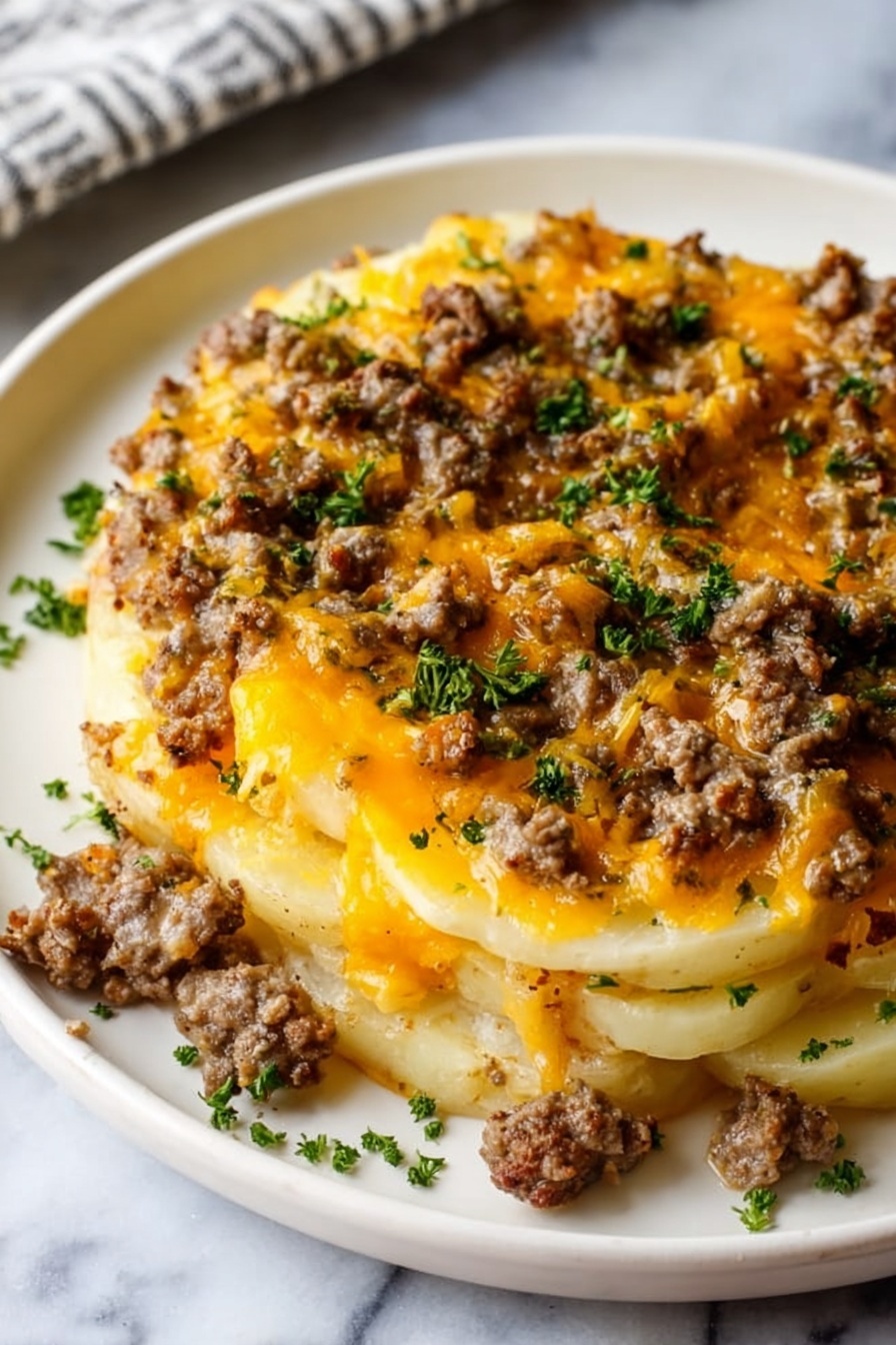 Hobo Casserole, easy comfort food, hearty casserole recipe, weeknight dinner ideas, savory beef casserole - The dish shows two thick layers of sliced potatoes that are pale yellow with smooth, slightly soft texture as the base and middle layer. On top of the potatoes, there are small pieces of browned cooked ground meat with a crumbly texture, spread evenly across the surface. Melted cheddar cheese slices cover parts of the potatoes and meat, in a bright orange-yellow color with a smooth, shiny surface. The dish is garnished with small pieces of green parsley sprinkled on top, giving a fresh touch. The food is served on a white plate placed on a white marbled surface. photo taken with an iphone --ar 2:3 --v 7