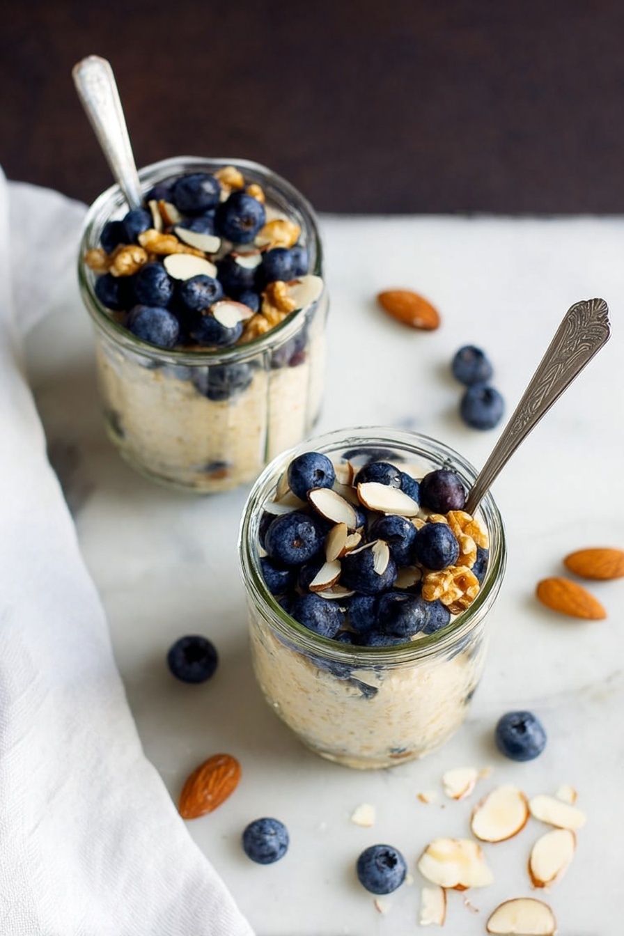Simple Vegan Overnight Oats, vegan breakfast ideas, healthy overnight oats, easy plant-based breakfast, customizable vegan oats - Two clear glass jars with three visible layers each sit on a white marbled surface. The bottom layer is a light beige creamy oatmeal, topped with a layer of sliced almonds scattered evenly. The top layer consists of fresh deep blue blueberries and small golden walnut pieces arranged loosely on top. One jar has a silver spoon resting inside it, and a few almond slices are scattered near the jars. A white cloth is partially visible in the corner. Photo taken with an iphone --ar 2:3 --v 7