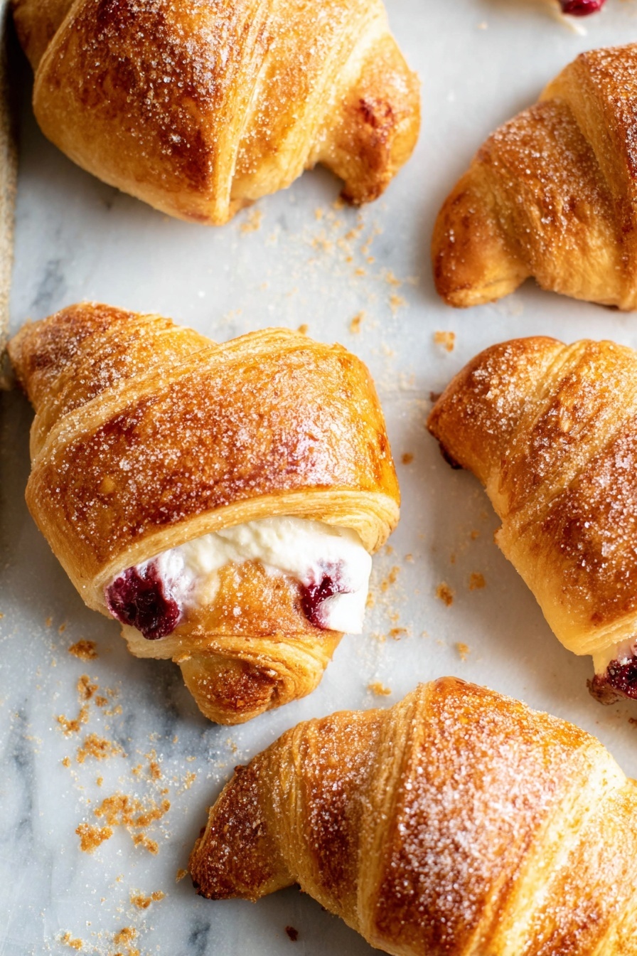 Cranberry Cheesecake Rolls, cranberry cheesecake dessert, crescent roll dessert, easy cranberry pastry, holiday breakfast treats - The image shows five golden brown crescent rolls on a white marbled surface, each roll featuring a flaky, crispy outer layer with a sprinkles of white sugar on top. Inside, visible in some rolls, is a creamy white filling with a deep red fruit, possibly cherry or berry, peeking out. The rolls have a textured, slightly uneven crust from baking, creating a cozy homemade look. The white marbled surface has some crumbs and sugar scattered around, adding to the casual and fresh feel of the scene. photo taken with an iphone --ar 2:3 --v 7