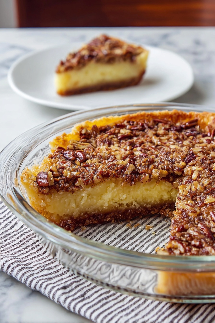 Colonial Innkeeper's Pie, chocolate pie recipes, vintage dessert recipes, nostalgic pie desserts, easy homemade pie recipes - A pie with three clear layers is shown: the bottom is a dark brown crust, the middle is a thick, light yellow cake layer with soft texture, and the top is a crunchy, nutty layer with chopped pecans in brown and golden shades. A slice of the pie is placed on a white plate in the background, showing the same layers. The pie is inside a clear glass dish sitting on a striped cloth with a white marbled surface underneath. Photo taken with an iphone --ar 2:3 --v 7