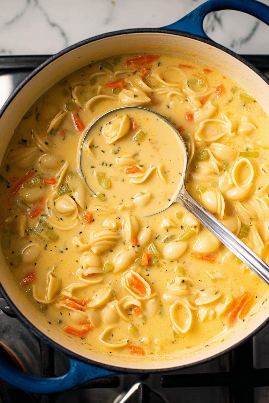 Creamy Mac & Cheese Soup with Cheddar and Vegetables, cheesy vegetable soup, easy cheesy soup recipe, hearty comfort soup, healthy mac and cheese soup - A close-up view of a large blue pot filled with creamy yellow soup with small pasta shells and thin slices of orange carrot and green celery mixed inside. The soup has a thick smooth texture covering all ingredients evenly, and a long silver spoon is resting inside the pot with its handle leaning on the pot’s edge. The pot is sitting on a stovetop surrounded by a white marbled surface visible at the edges. Photo taken with an iphone --ar 2:3 --v 7